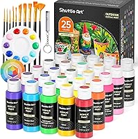 Shuttle Art 25 Colors Waterproof Outdoor Acrylic Paint Set - 2oz Bottles, 10 Brushes, Glow-in-Dark, Palette for Rocks, Wood, Garden Crafts