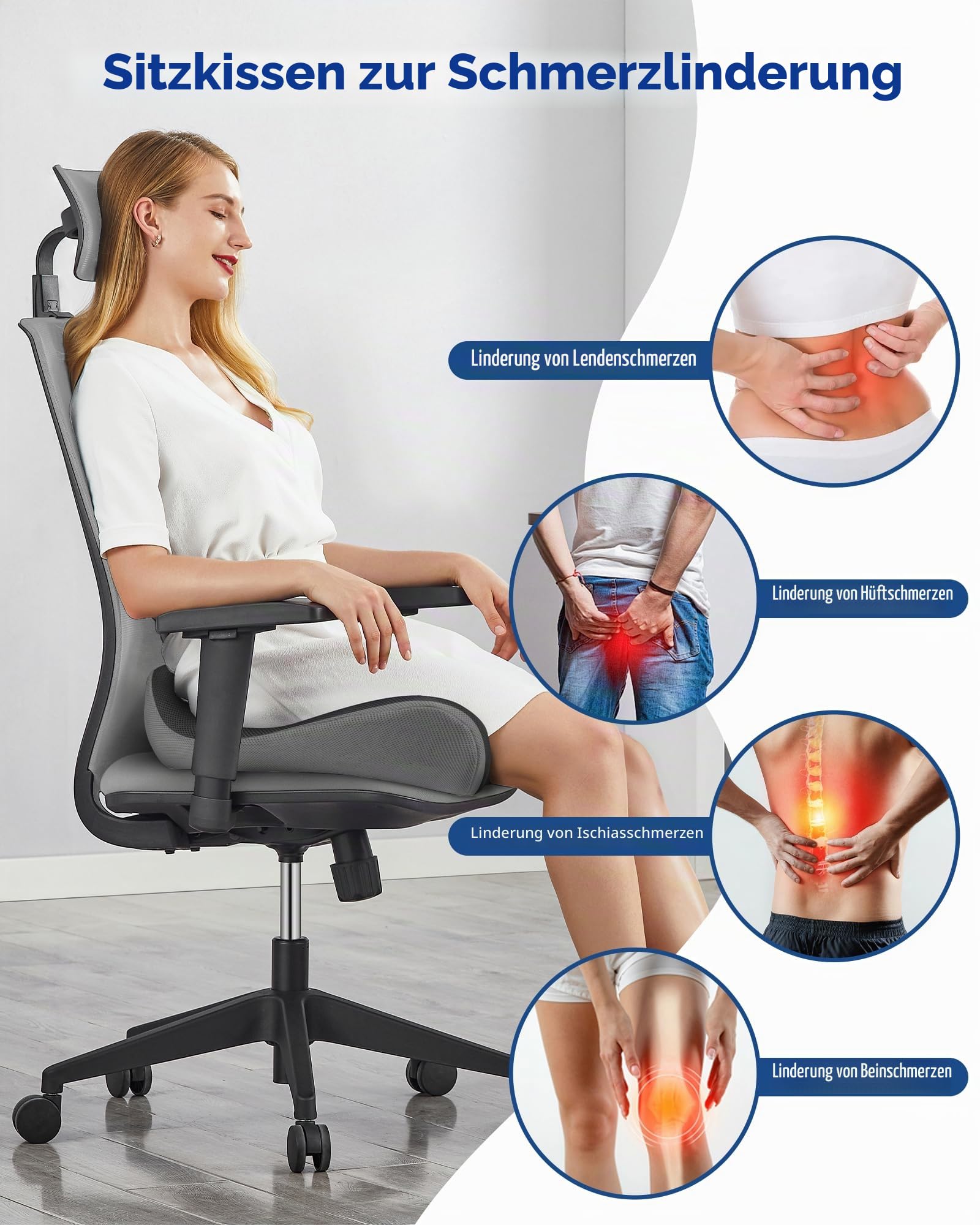 Feagar Ergonomisches Memory-Schaum Sitzkissen Für Bürostuhl (Bis 100kg) | Orthopädisches Steißbeinkissen Für Langem Sitzen, Rutschfest, Rundum-Komfort, Für Autositz, Home Office & Gaming Stuhl