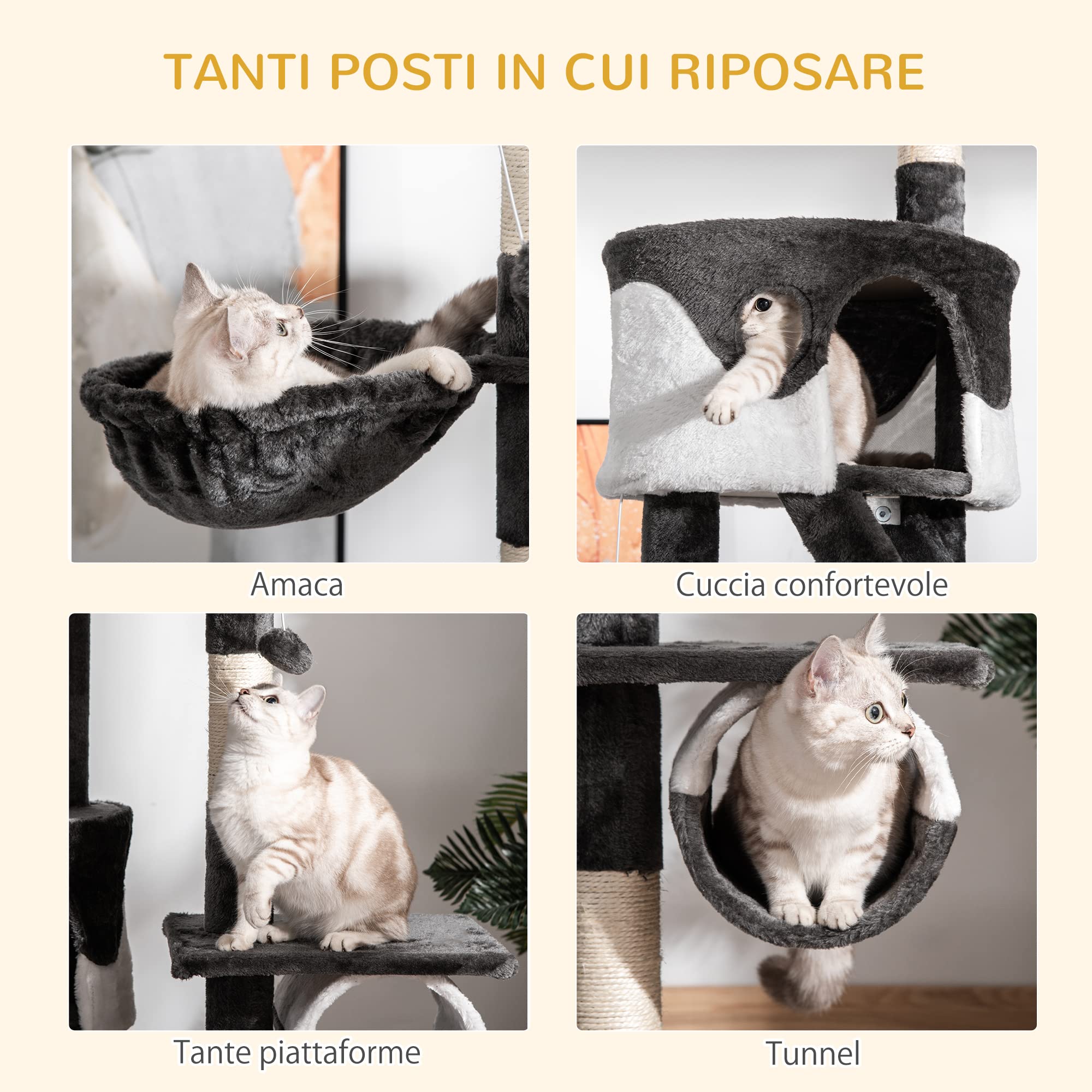 PawHut Tiragraffi per Gatti a Soffitto 240-260 cm, Grigio Scuro e Bianco | Altezza Regolabile, Albero Tiragraffi per Gatti Multilivello, Cucce, Amache e Scale, Corde in Sisal, Grigio Scuro e Bianco