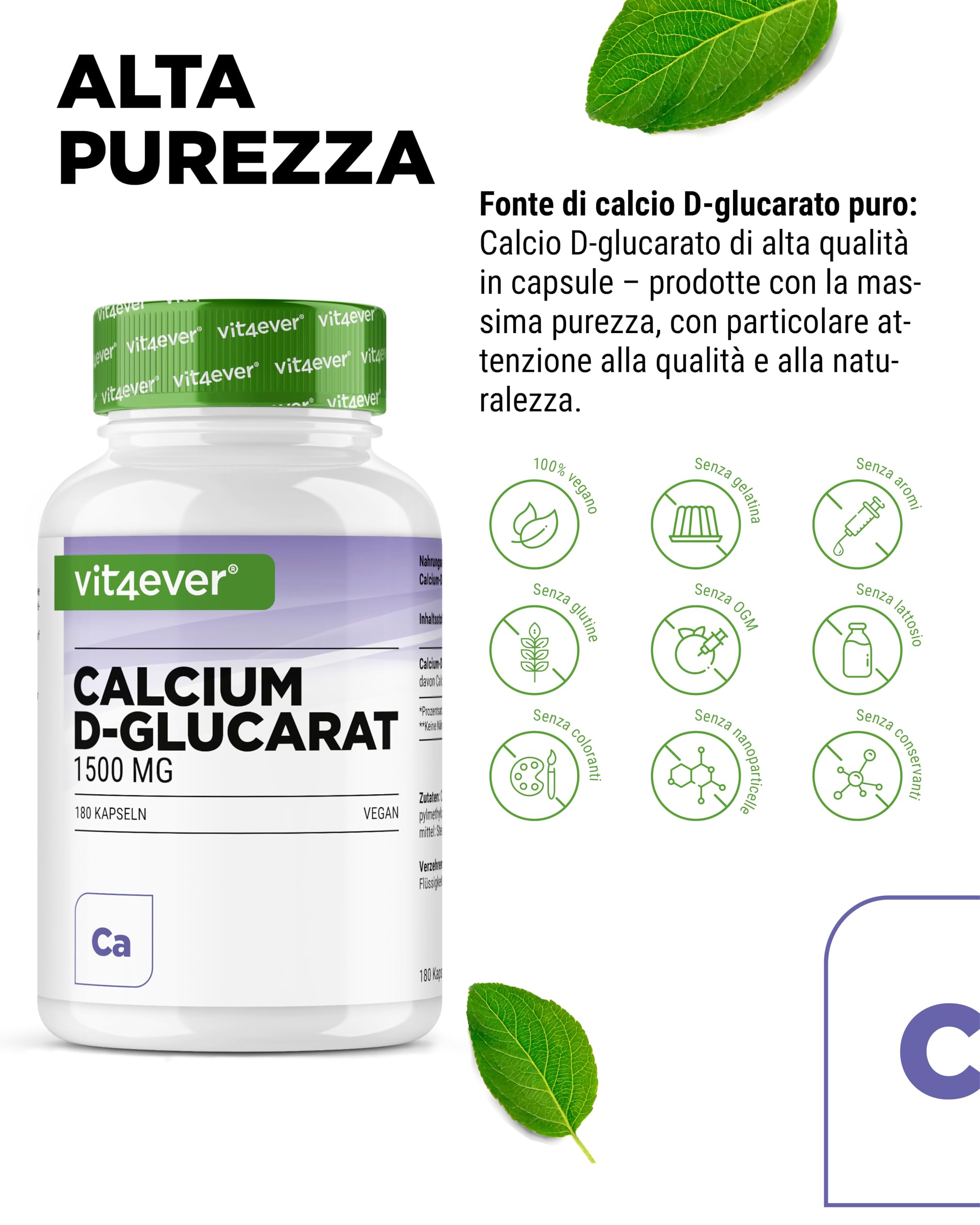 vit4ever Calcium-D-Glucarato 1500 mg – 180 Capsule – Alto Dosaggio – Sale di Calcio dell’Acido D-Glucarico – 222 mg di Calcio (28% VNR) – Vegano & Senza Additivi Inutili