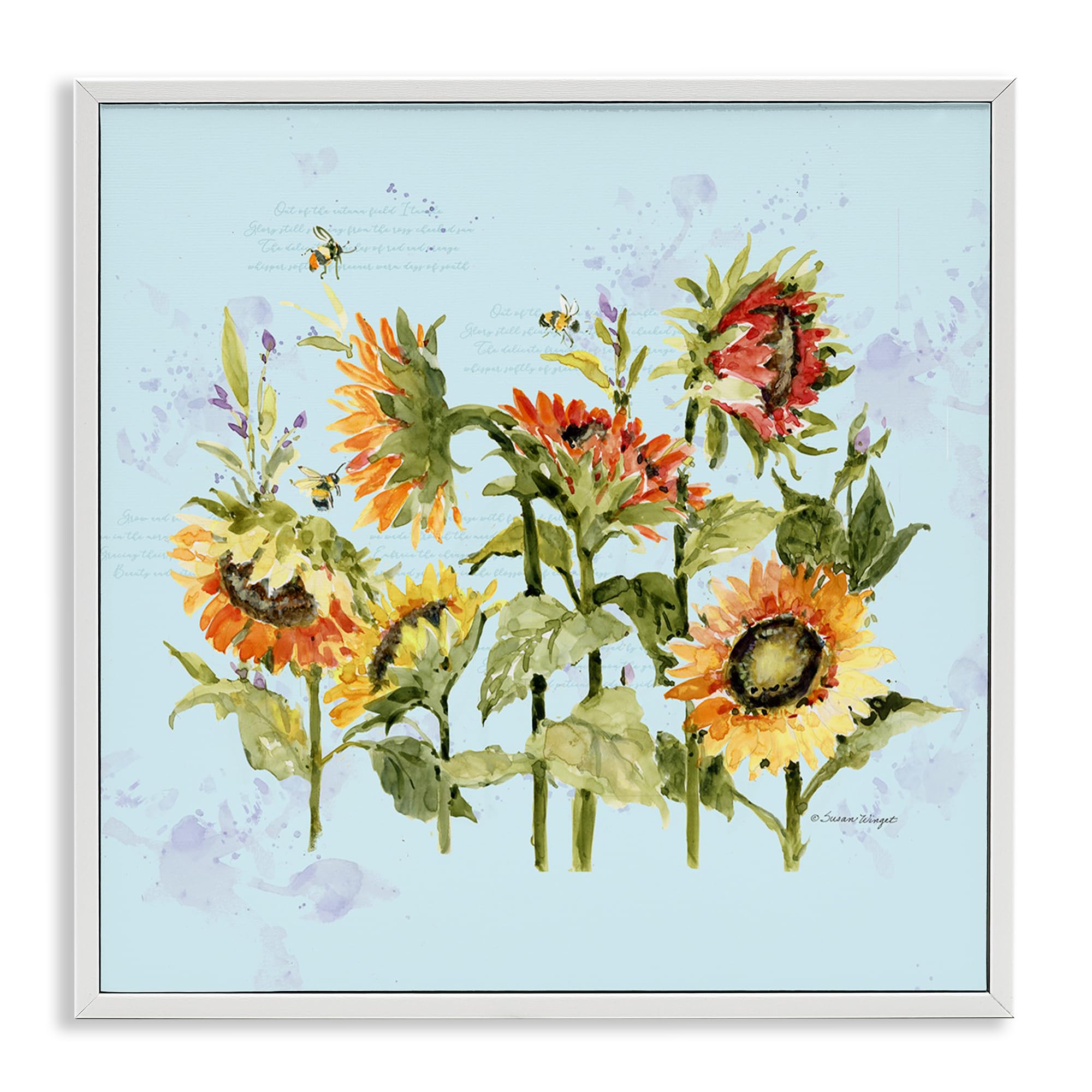 Stupell Industries Coastal White (Textured) 'Sunflowers & Bee On Blue'| Framed Giclee Art