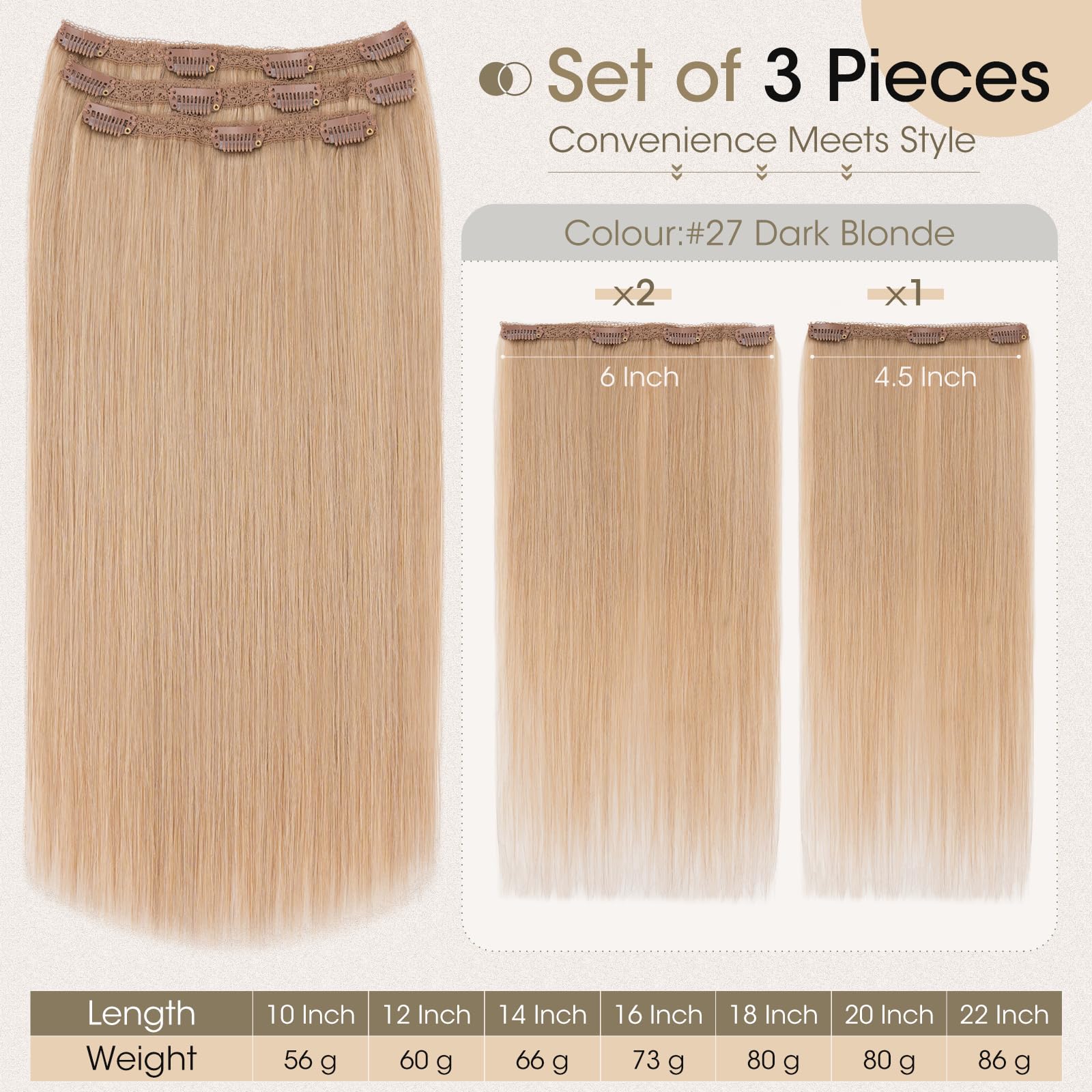 Elailite Real Hair Extensions Clip In Human Hair Remy #27 Dark Blonde Double Weft Seamless Hairpieces Straight 22 Inch (86 g) 86g 3 Pieces - Image 4