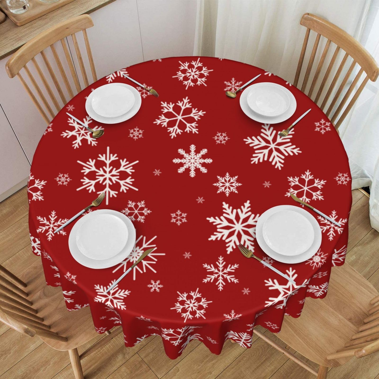 DADABULIU Tablecloth Christmas Red Snowflake Xmas Round 60 x 60 Inch Table Cover Polyester Stain and Wrinkle Resistant Table Cloth for Kitchen Dining
