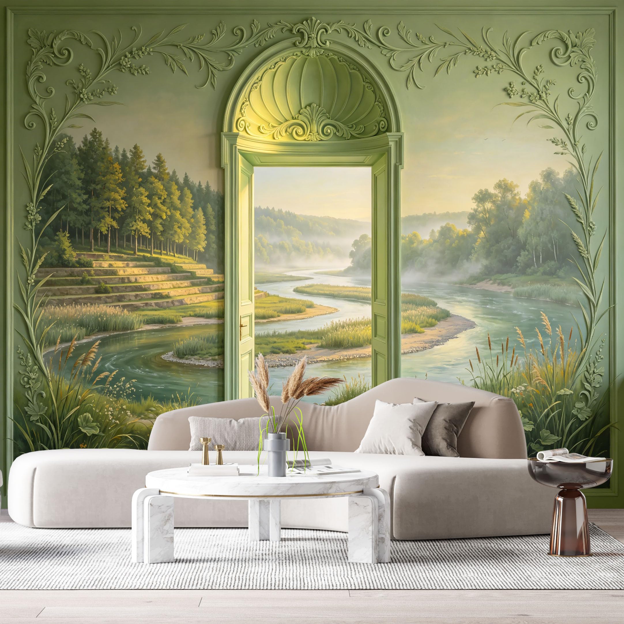 Custom Size Wall Murals Surreal Landscape Mint Green Door River Valley Forest Mist 3D Trompe L'Oeil SelfAdhesiveWall Fabric Removable Wallpaper Wall Decor for Living Room Bedroom Bathroom