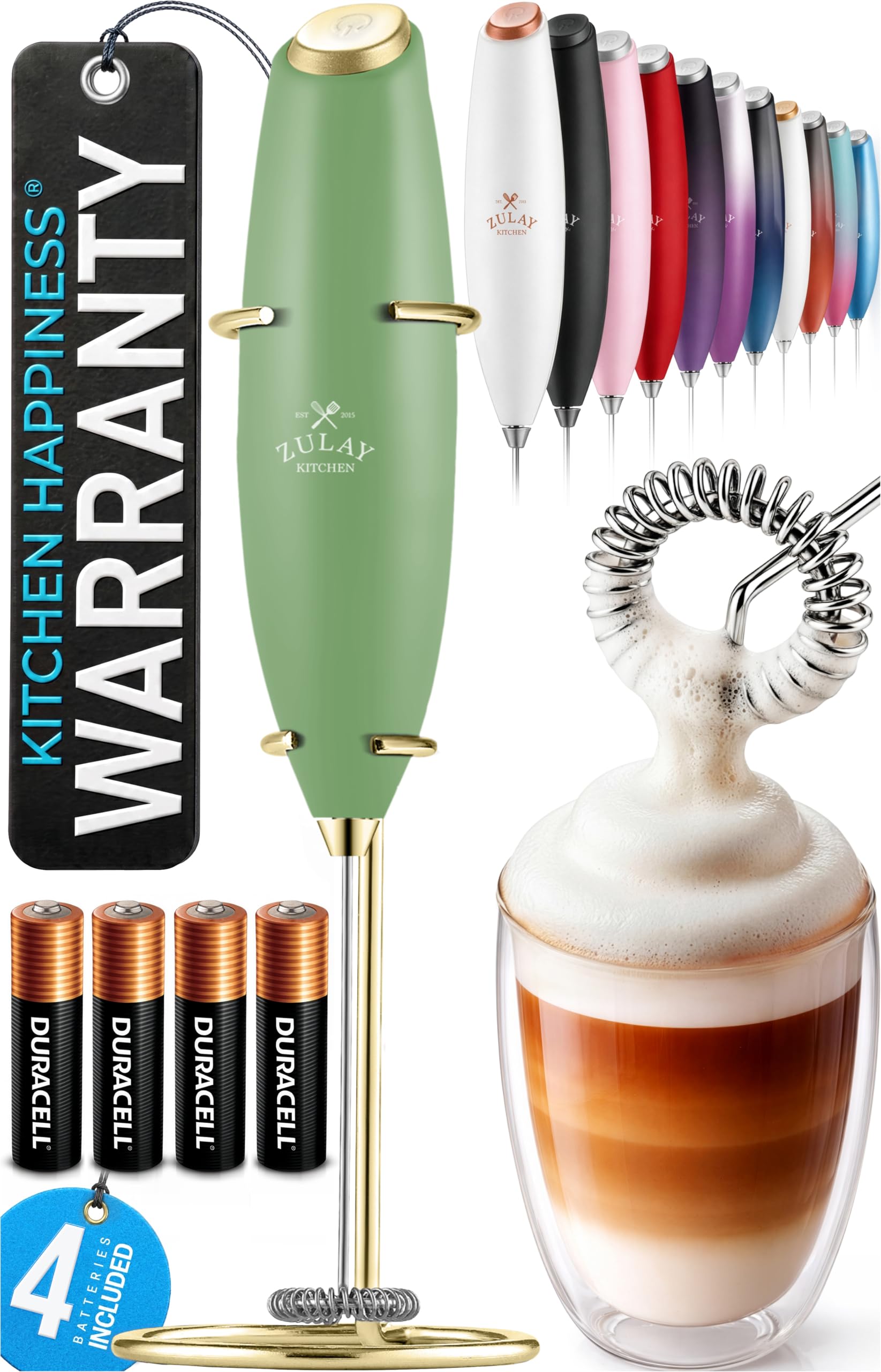 Zulay Kitchen Powerful Milk Frother Wand With Duracell Batteries - Ultra Fast Handheld Drink Mixer - Electric Whisk Foam Maker for Coffee, Lattes, Cappuccino &amp; Matcha - Z1 Motor - Forest Gold