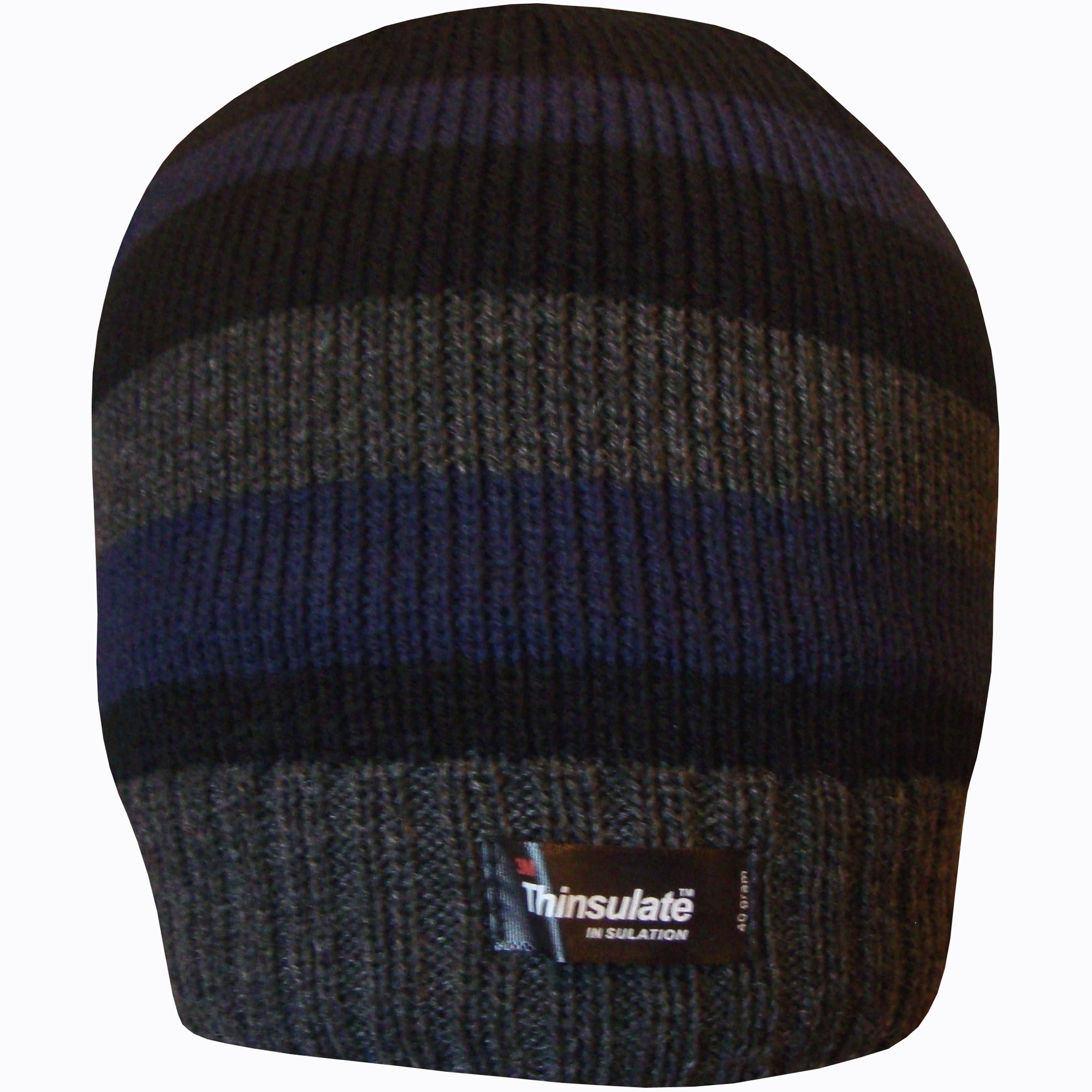 TeddyT's Mens Striped Thermal Knit Fleece Lined Thinsulate Winter Beanie Hat (Navy Blue & Grey)