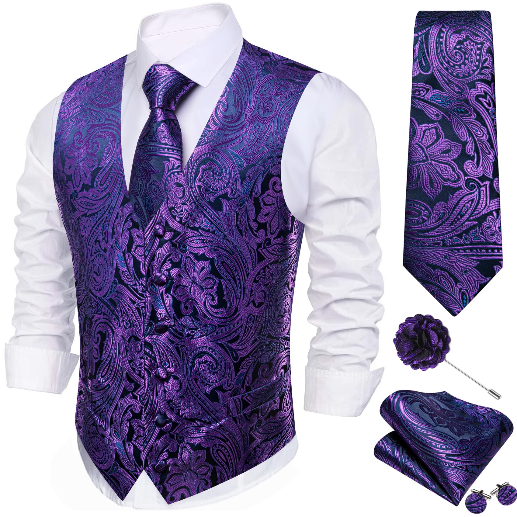 Barry.Wang Formal Floral Men Vests Jacquard Silk Ties Suit Waistcoat 5PCS