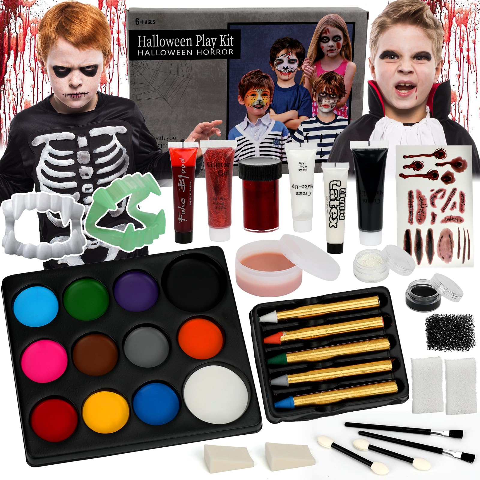 Flybay Halloween Face Paint, Halloween Make Up Set Toys for Boys Girls, Halloween Face Painting Kit for Kids and Adult, Halloween Makeup Kit Party Supplies Professional Face Body Painting Water Based