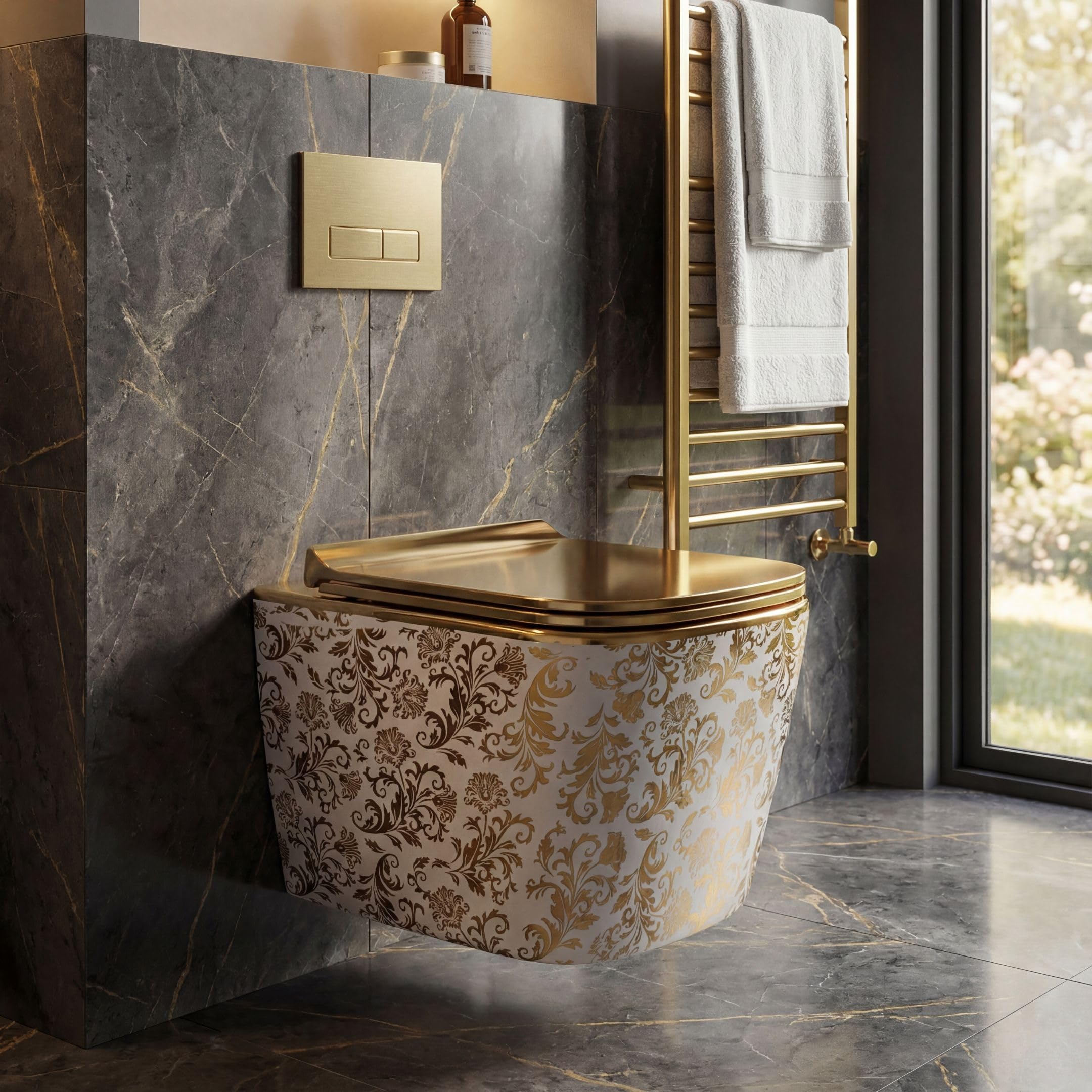 Tokyo Wall Hung Western Toilet | Ceramic Wall Mounted Commode with Soft Close Seat Cover | P-Trap Washdown WC | Space Saving Bathroom Toilet | Gold Floral Design (White & Gold)-image-31