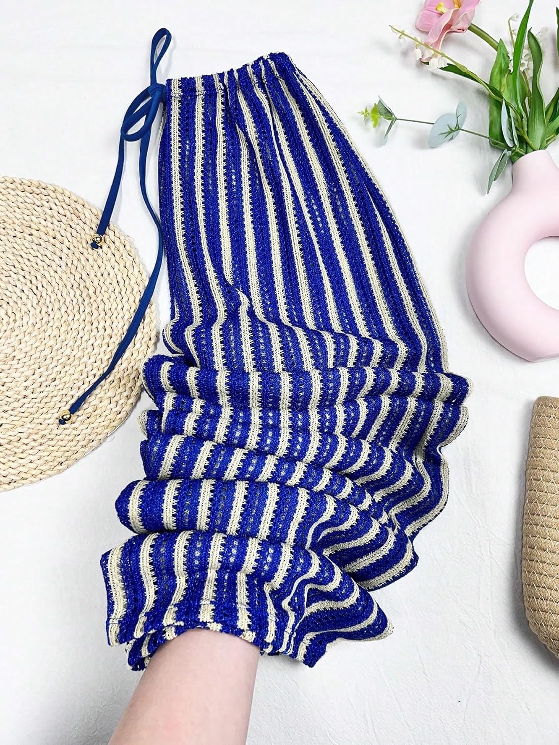 Women's Summer Wide Leg Pants, & Striped, Elastic High Waist Drawstring, Swimsuit Cover Up cover ups for swimwear