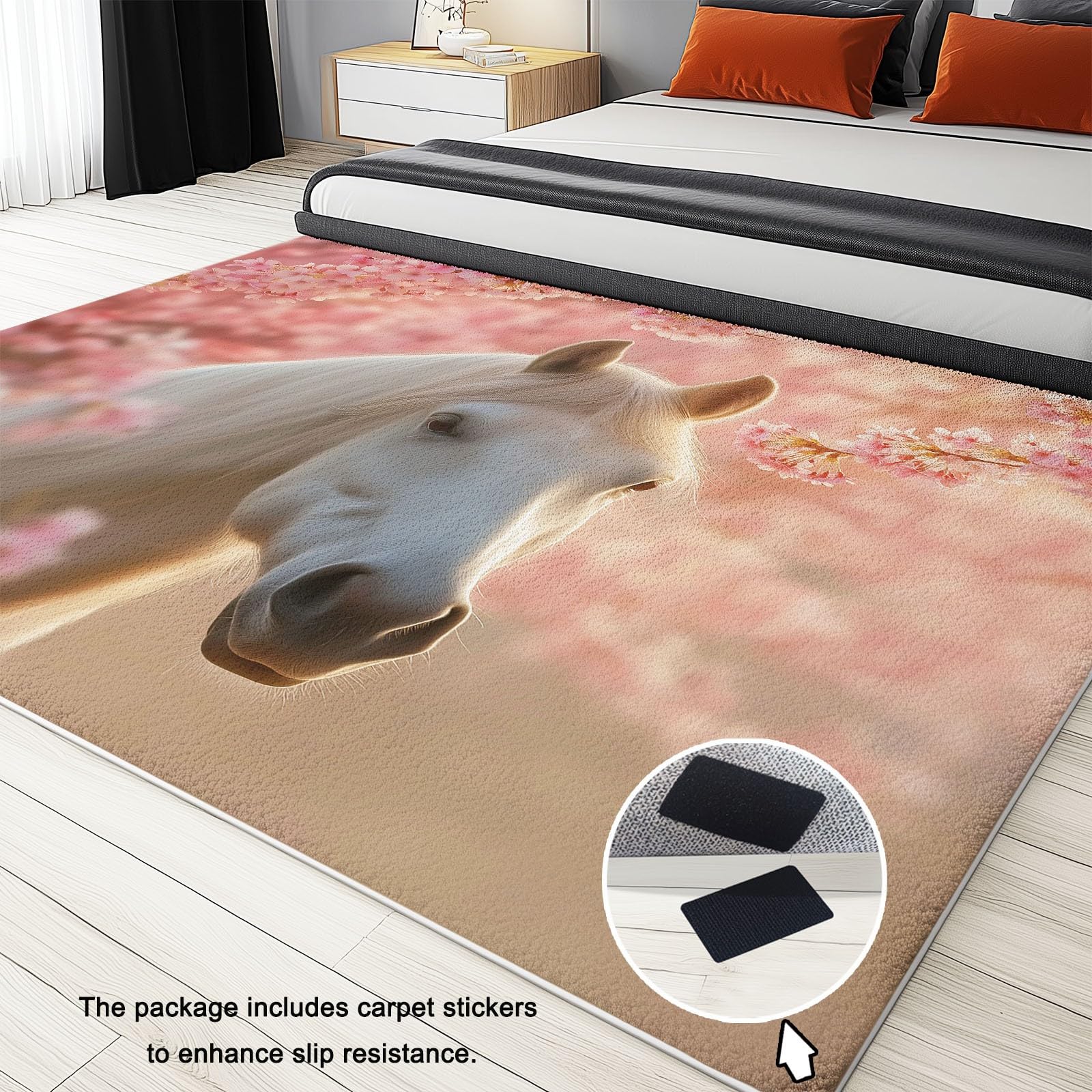 Générique Tapis Salon Cheval Blanc Animal Fleurs De Cerisier 80x150 cm Tapis Chambre Moderne Tapis de Salon Tapis Antidérapant Poils Ras, Lavable en Machine, Tapis pour Interieur et Exterieur