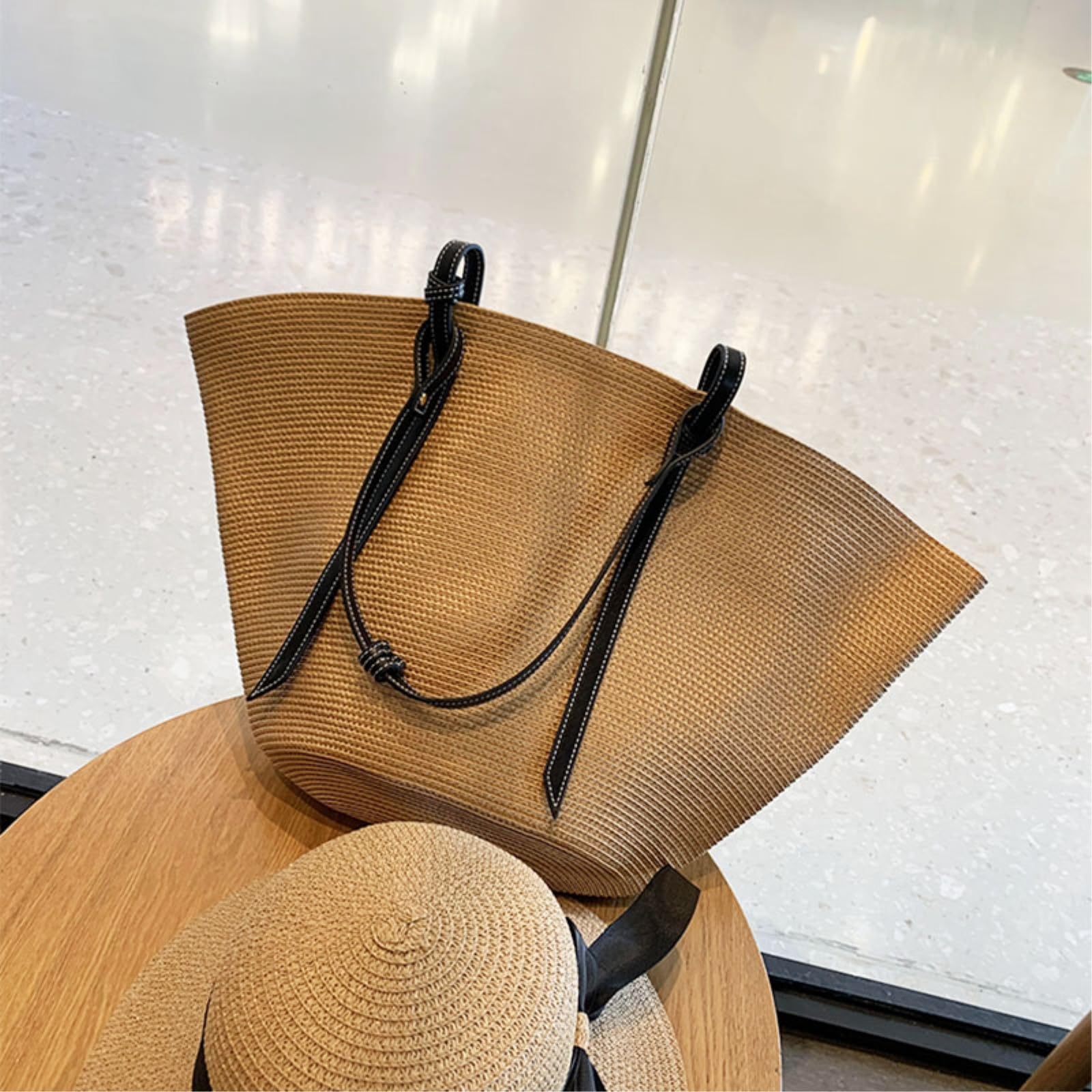 Borsa di Paglia Donna per Lo Shopping Spiaggia Grande capacità, A Tracolla in Rattan Designer, Fatta Mano delle Donne-Khaki