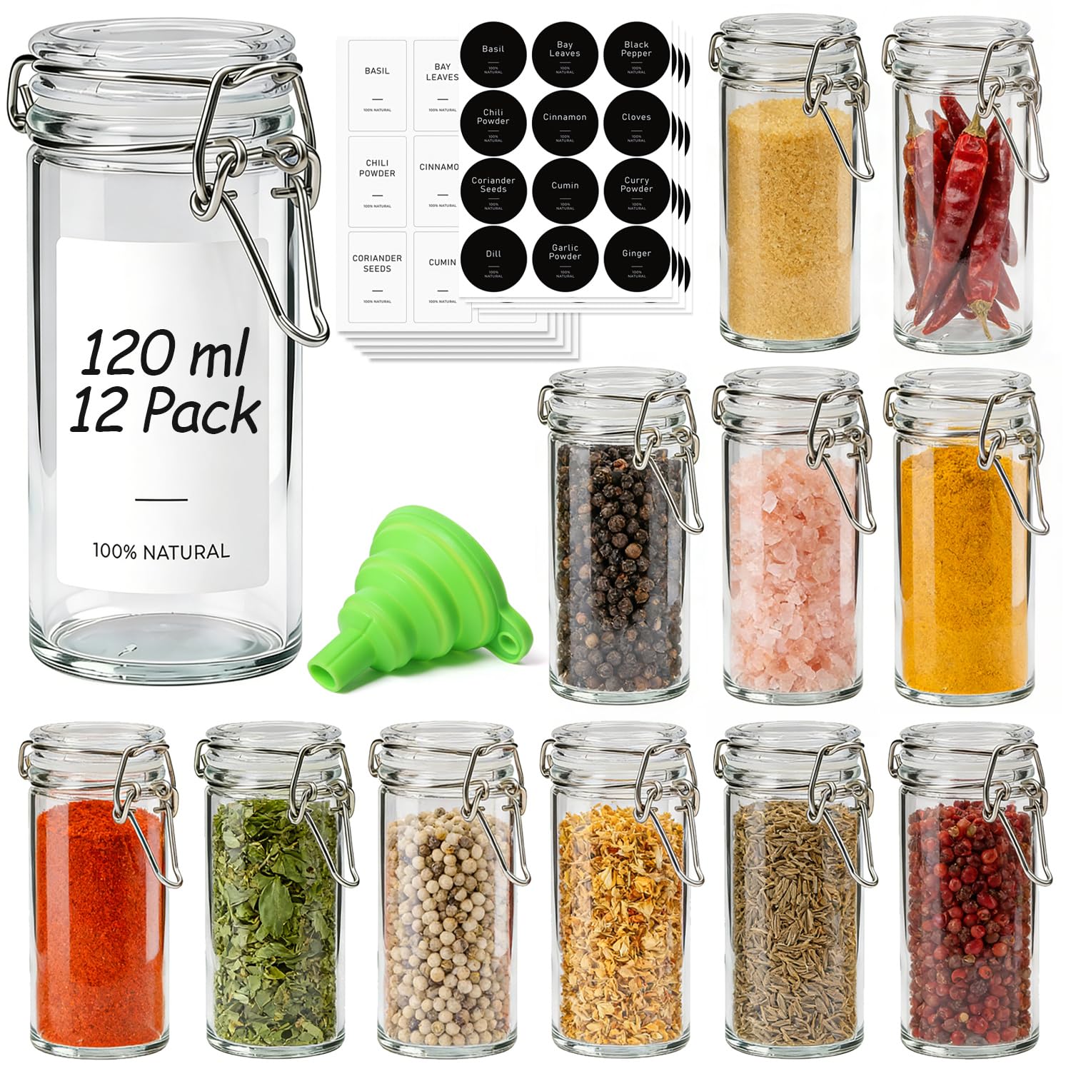 ComSaf 120ml Round Glass Spice Jars with Lids & Labels (12 Pack), Mini Clear Airtight Containers for Herb Storage, Pantry Organisation, Spice Storage & DIY Gifts - Includes Funnel & Spice Labels