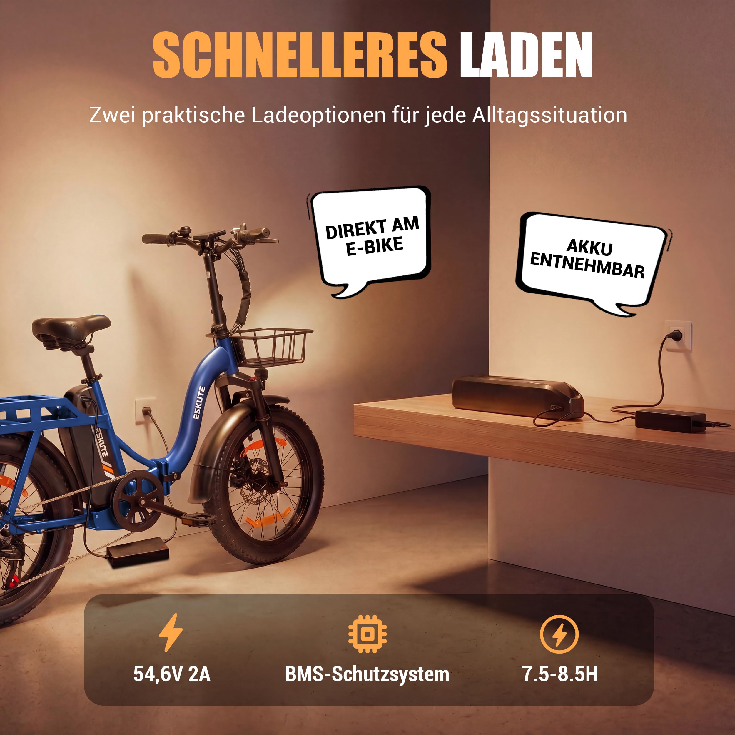 ESKUTE E-Bike D202 PRO, 20×4 Zoll faltbares Fatbike, 48V 20,8Ah Akku, bis 100 km Reichweite, 250W Motor, 7-Gang Schaltung, für Herren & Damen, Gelände, Strand & Schnee