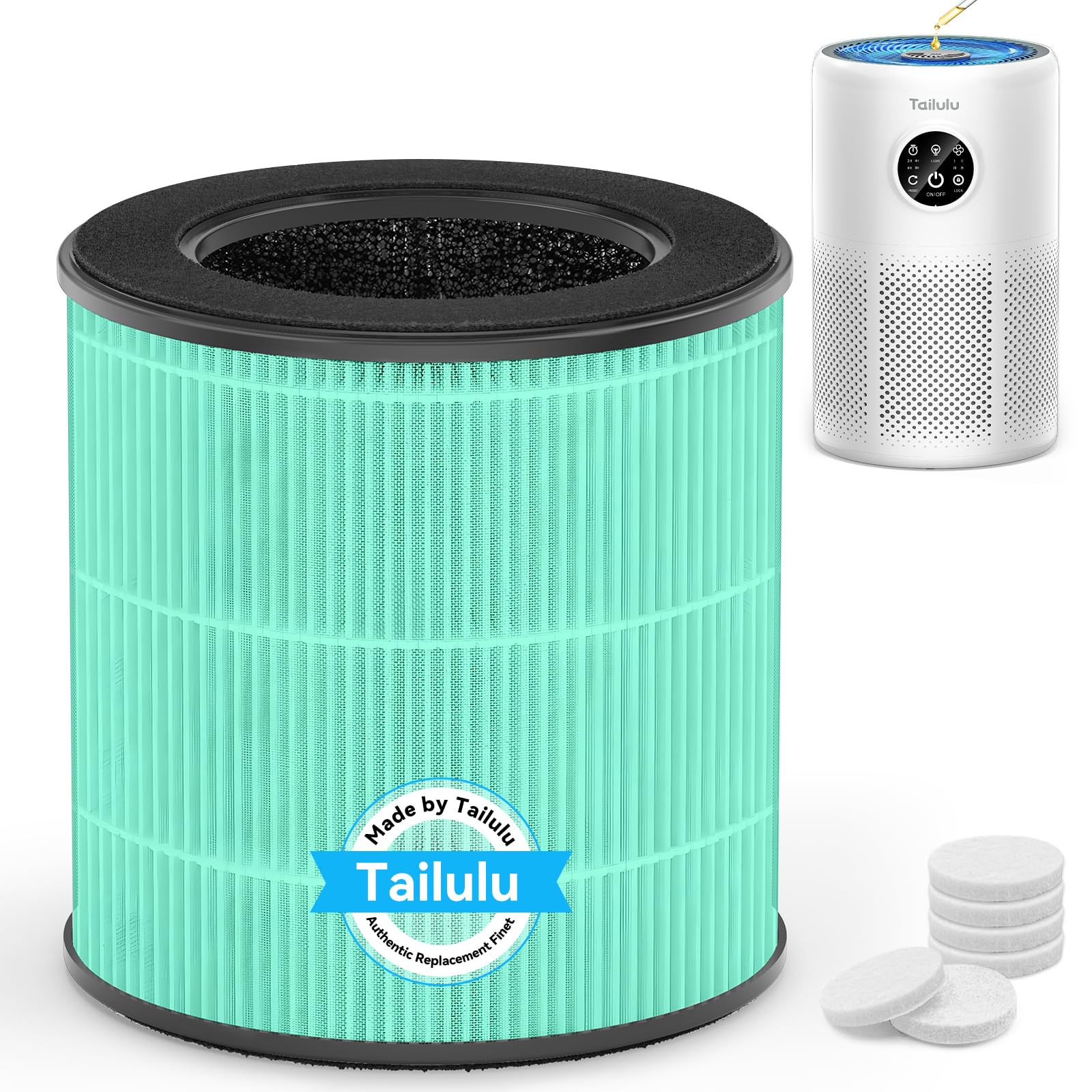Tailulu D10 Replacement Filter,Air Purifier Filter for Tailulu D10 Air Purifier, 3-in-1 H13 Grade True HEPA Replacement Filte(Green 1Pack) with Extra 6 Pieces Aroma Pads