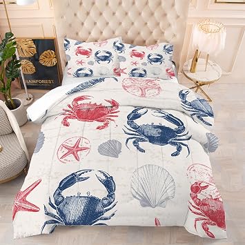 Crab Ocean Comforter Set Twin Size Cute Crab Coastal Bedding Set for Boys Girls Kids Beach Pattern Quilt for Ocean Themed Bedroom Decor 1 Comforter + 1 Pillowcase