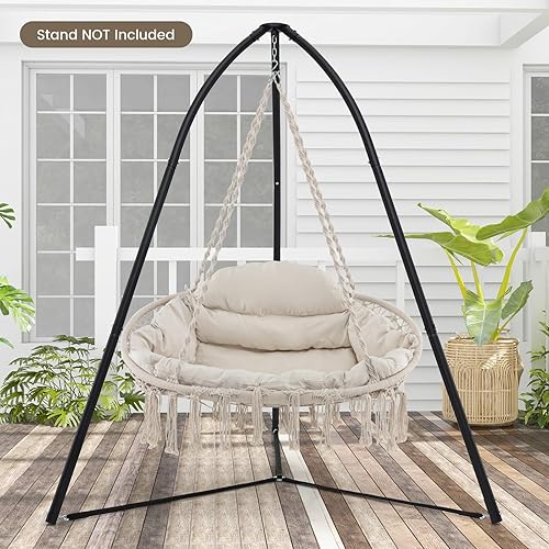 Miniatura 2 de Giantex Hammock Chair, Macrame Hanging Chair with Removable Cushion, Romantic Tassels, Outdoor Indoor Rope Chair for Relax in Bedroom, Porch,