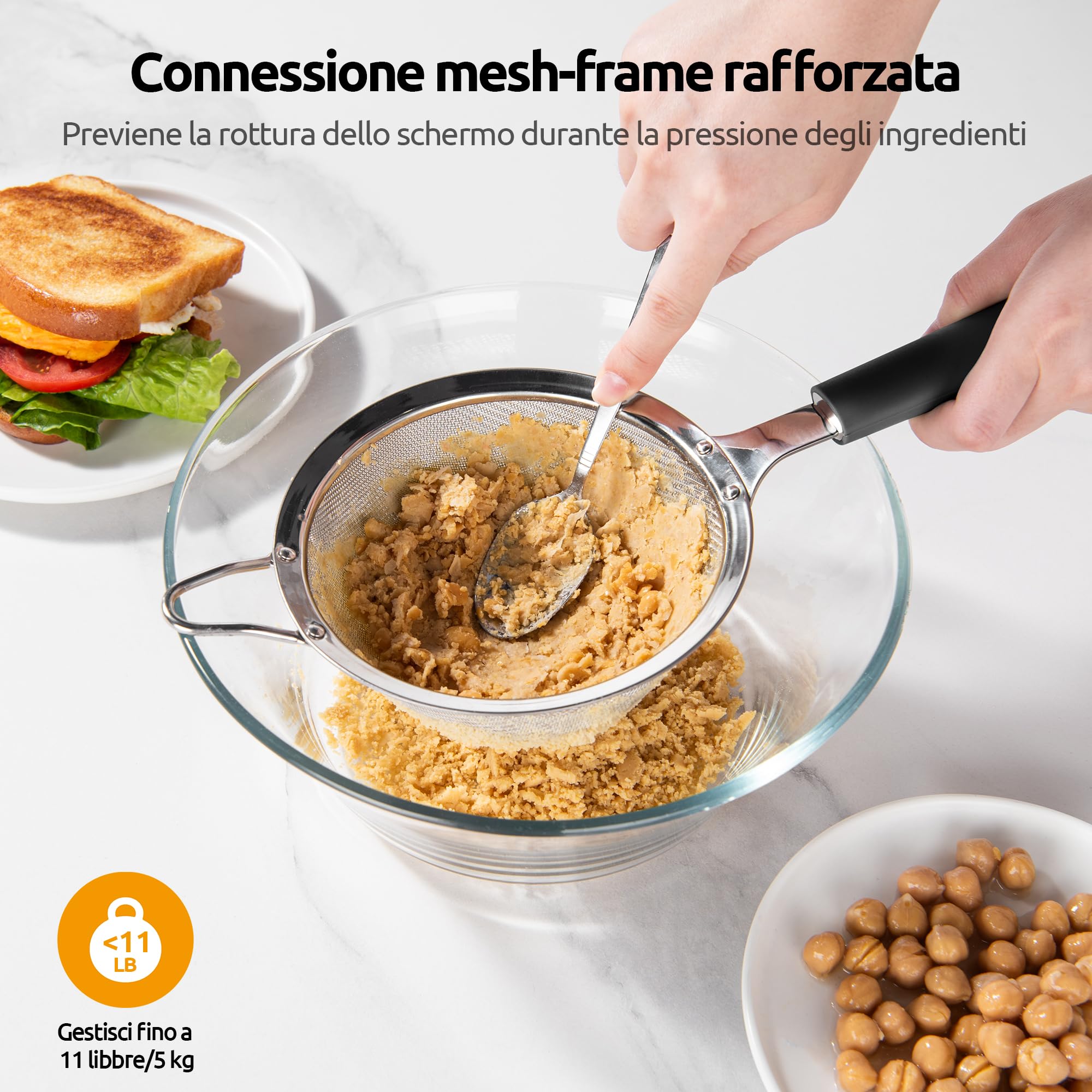 U-Taste Setaccio a Maglia Fine: Colino da Cucina in Acciaio Inossidabile 18/8 da 12 cm con Manico in Silicone Robusto Rivettato per Setacciare la Farina, Filtrare il Tè Riso Quinoa (Nero)