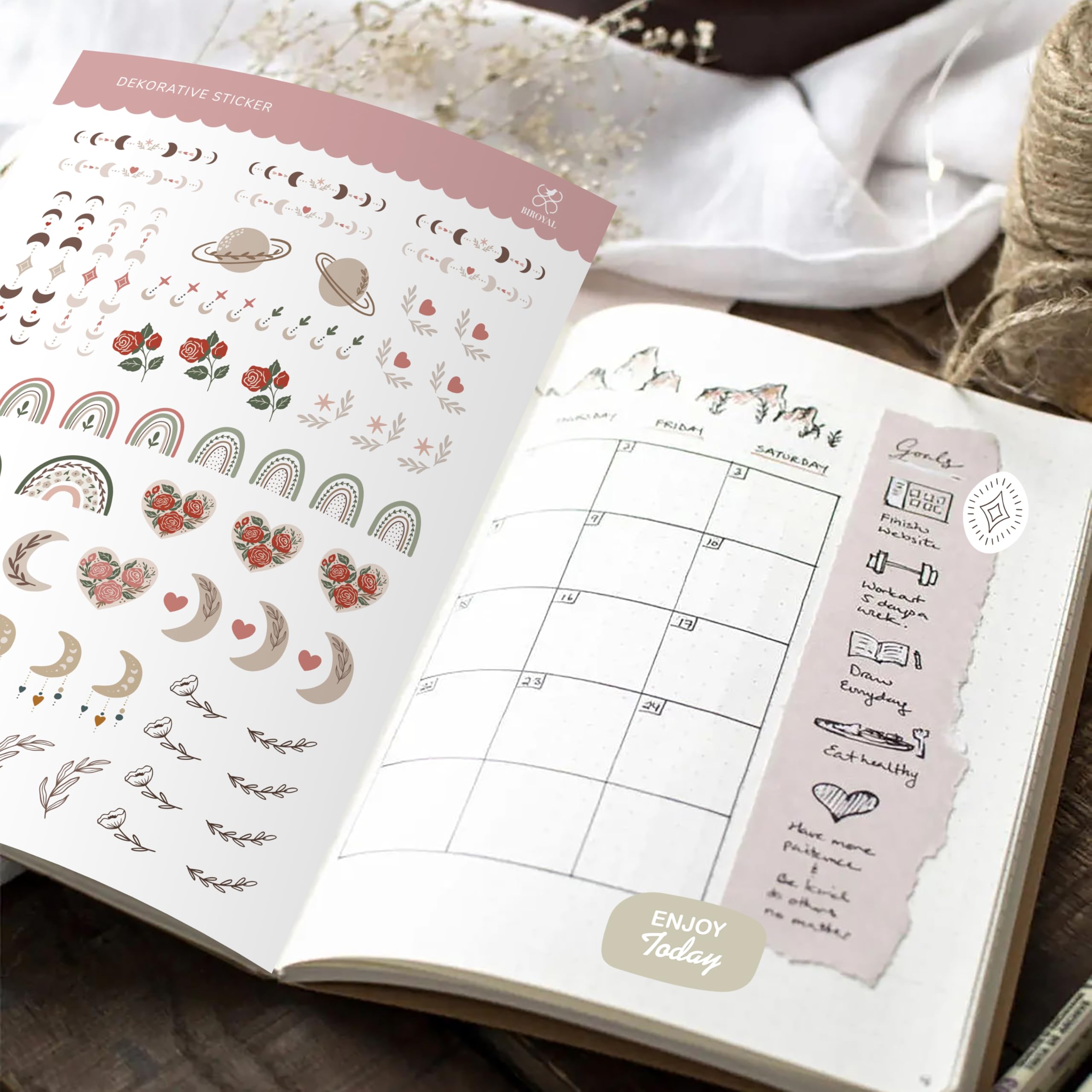 BIROYAL Bullet Journal zestaw naklejek, 12 arkuszy/1000 naklejek, naklejki na kalendarz, kalendarz do dziennika i planera