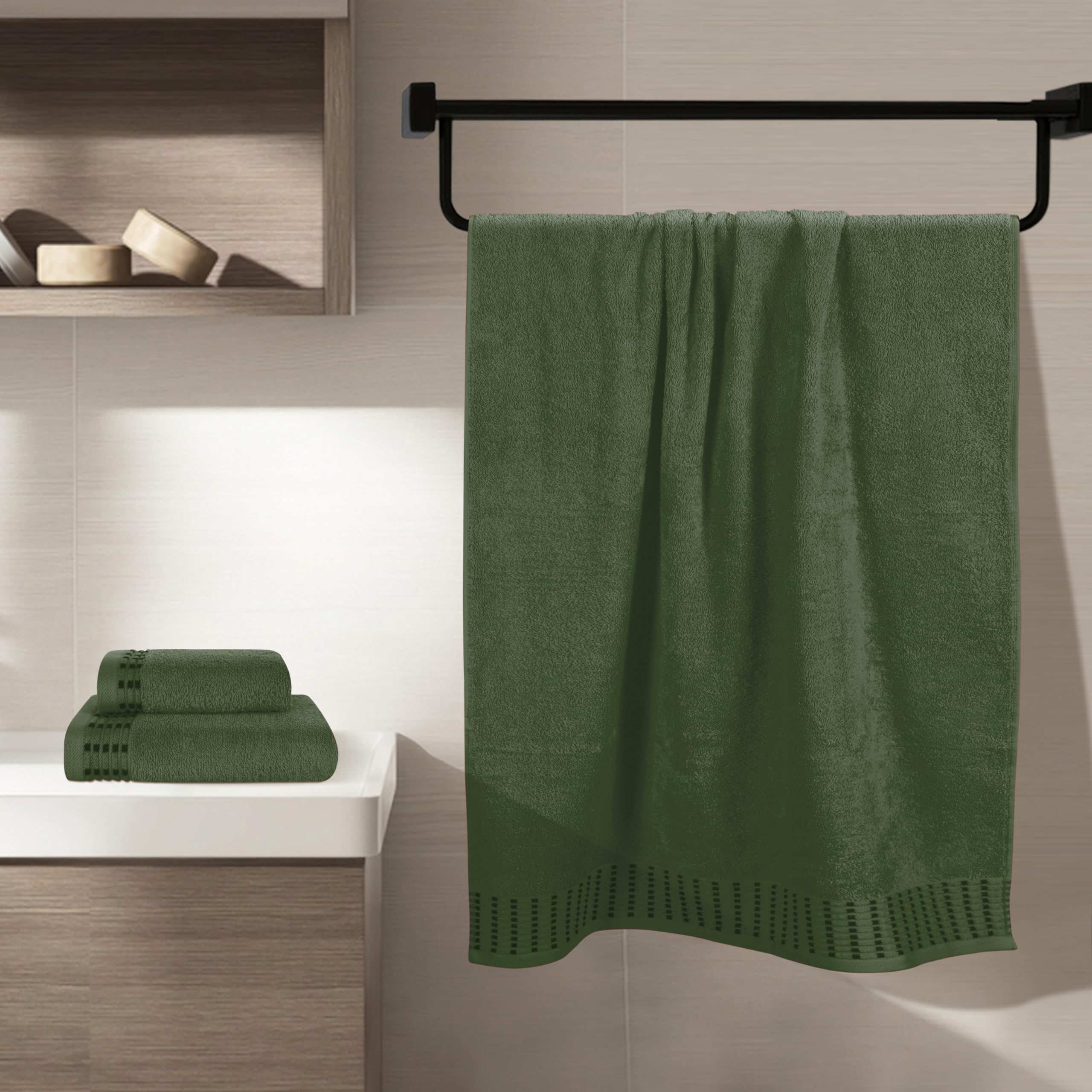 Juego de 3 toallas de algodón ultrasuaves que contiene una toalla de baño extragrande de 70 x 140 cm, una toalla de mano de 40 x 60 cm y una cama de 30 x 30 cm, verde oliva