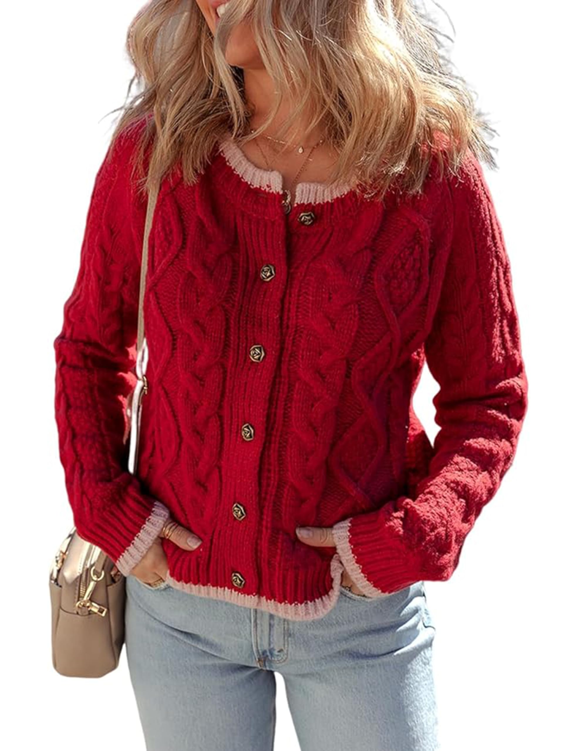 Watashi Long Sleeve Sweater for Women Casual Button Up Colorblock Cable Knit Round Neck Fall Winter Cardigans Coats