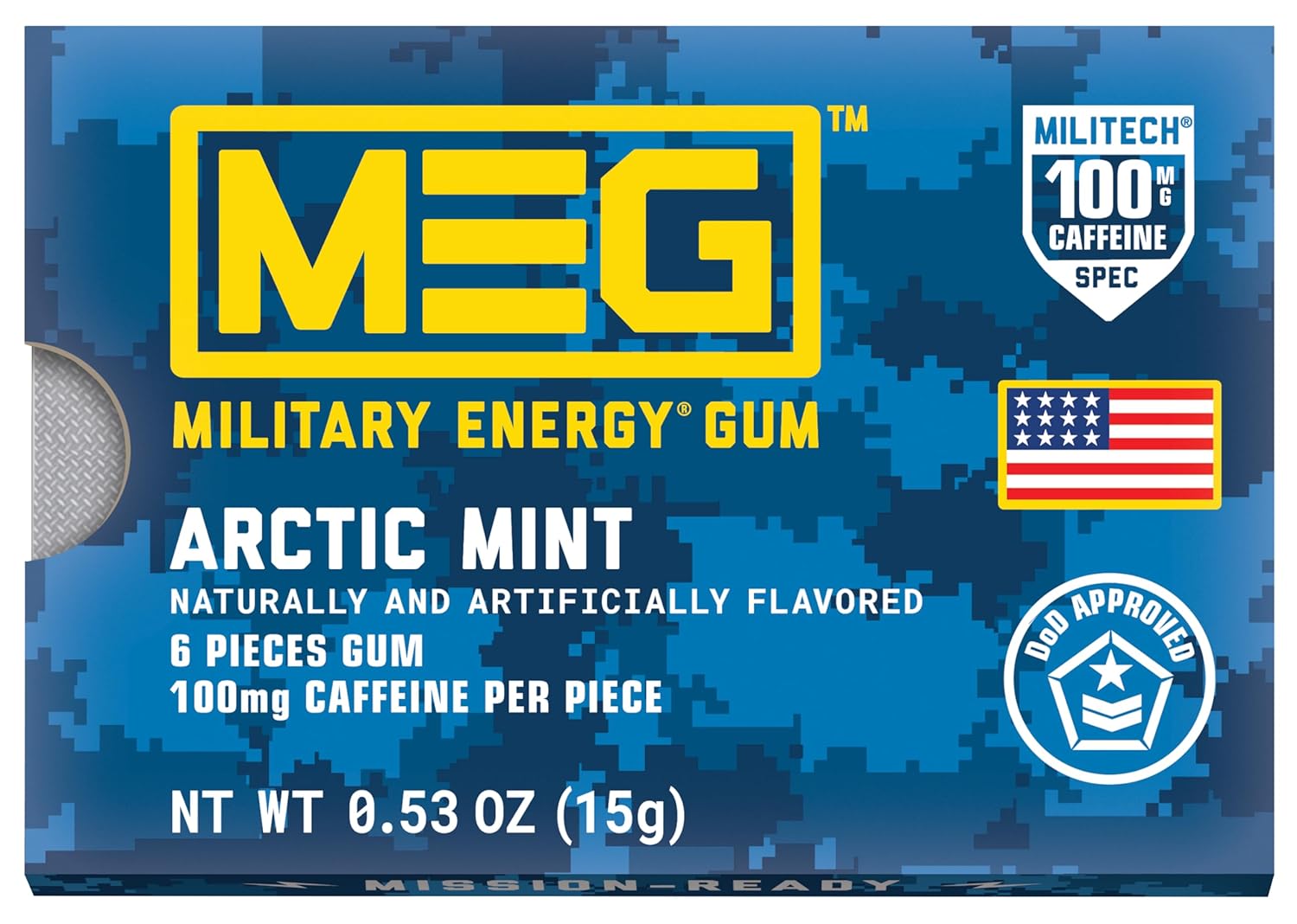 MEG (Military Energy Gum - Arctic Mint| Energy Caffeine Gum | 100mg Caffeine Per Piece |Fast-Acting Performance Boost - 12 Packs