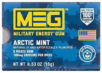 MEG (Military Energy Gum - Arctic Mint| Energy Caffeine Gum | 100mg Caffeine Per Piece |Fast-Acting Performance Boost - 12 Packs