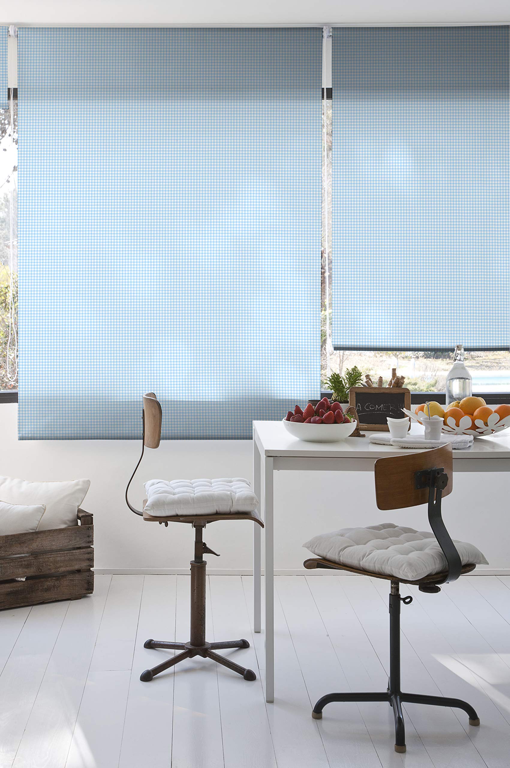 Estoralis | Cuisine | Store Enrouleur | sans Outil Tissu translucide imprimé | Vichy-1 Bleu | 85 x 150 cm. (Largeur/Hauteur) Taille du Tissu 82 x 150 cm. | Stores pour fenêtres et Portes