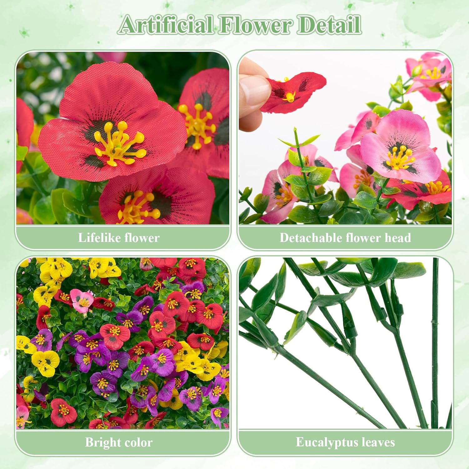 U'Artlines 16 Bundles Artificial Pansy Flowers Outdoor Fake Plants for All Seasons, UV Resistant Faux Flowers Silk Pansies with Eucalyptus Leaves for Planters Porch Yard Patio Balcony Home Decor