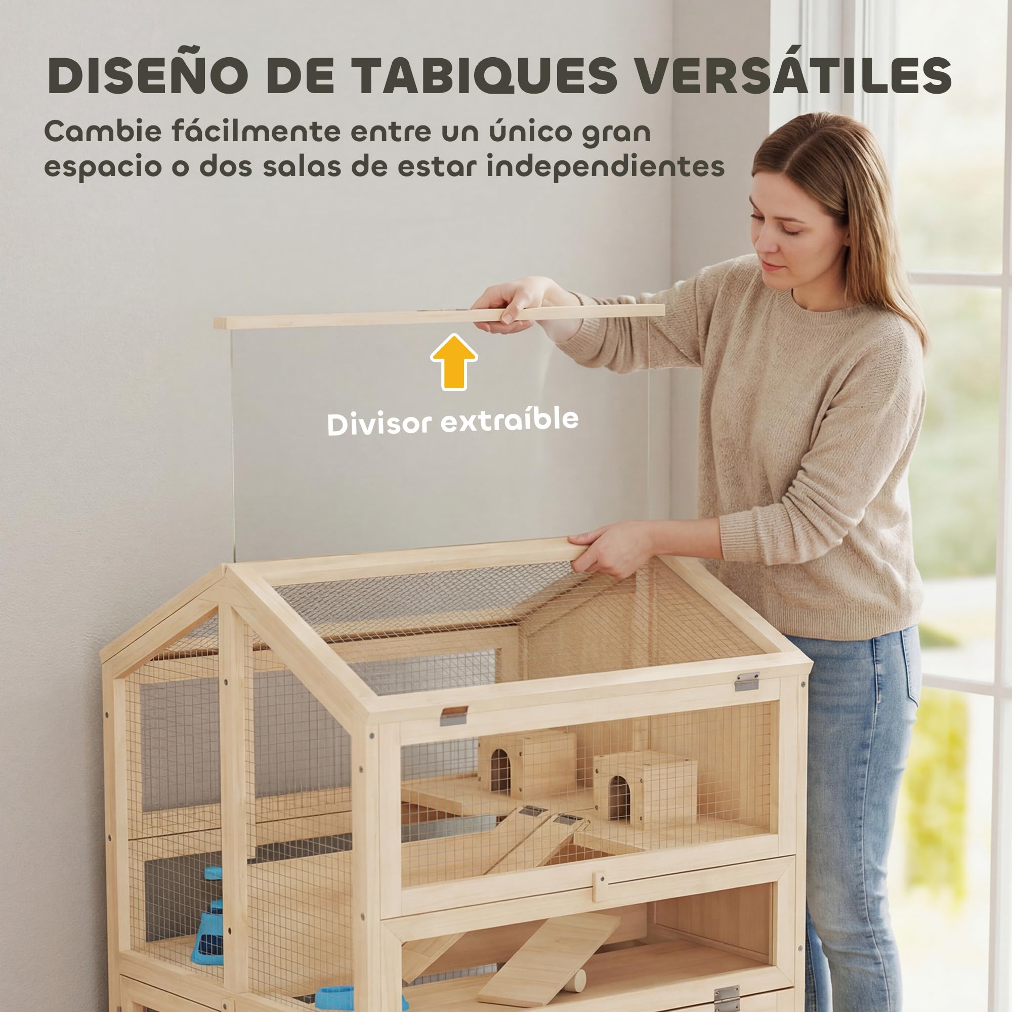 PawHut Jaula para Hámster de Madera de 3 Niveles 68x61,5x90 cm Natural | Casa para Hámster de Madera con Bebederos, Casetas, Balancines, Rampas, Bandeja Extraíble, Tapas Abatibles