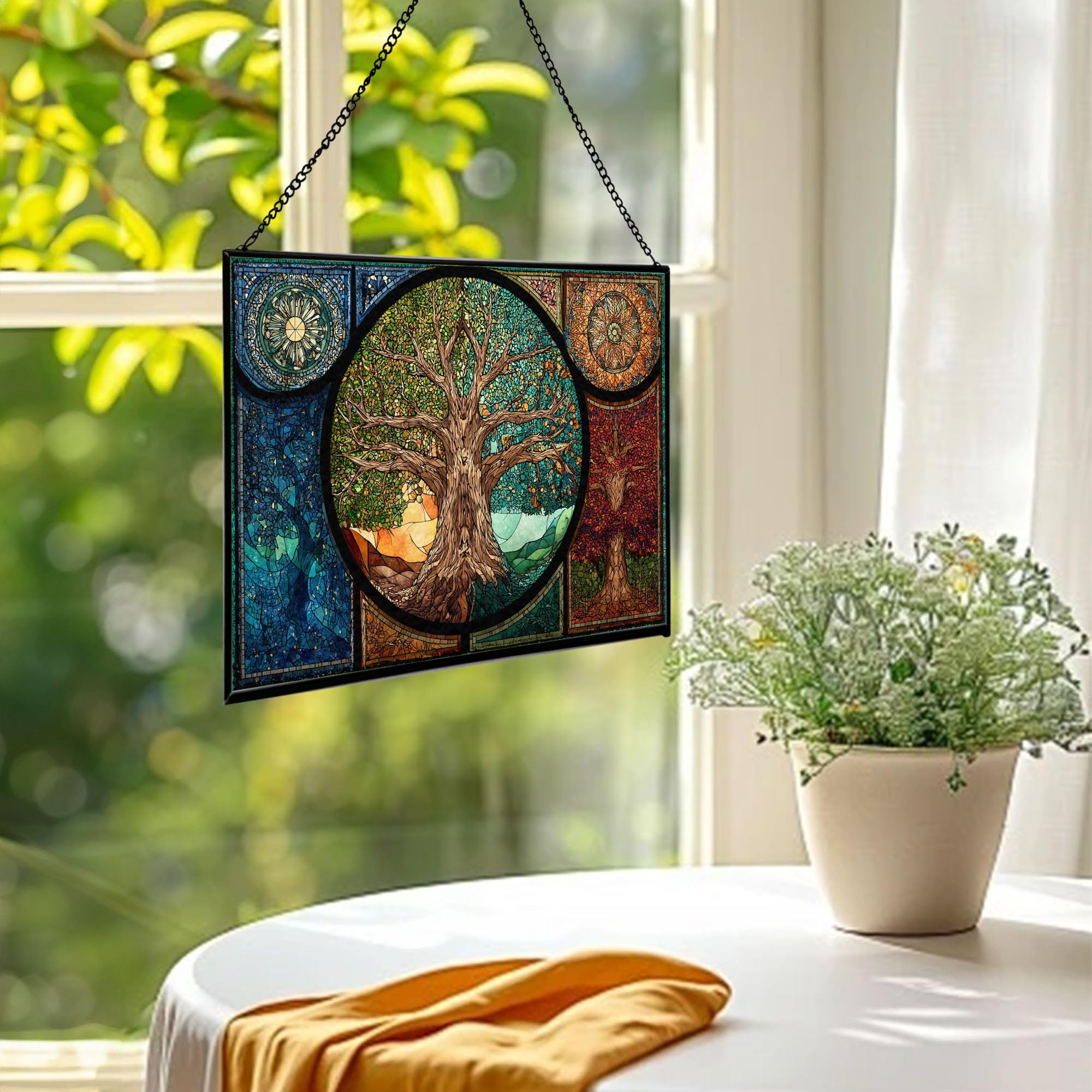 Tree of Life with Seasons Divided Rectangular Stained Glass Suncatcher – Hanging Window Panel with Animal & Nature Scene – Vibrant Glass Art Gift for Wildlife, Fantasy, Nature Lovers iM7Cuk