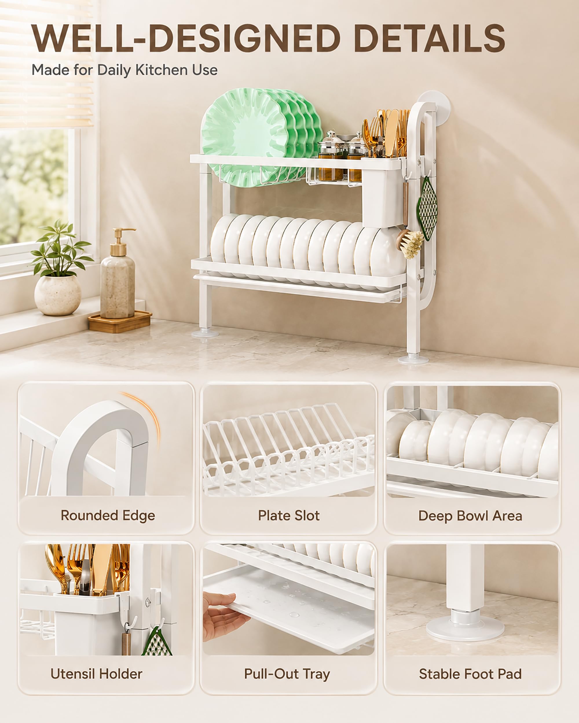Scolapiatti Salvaspazio a 2 Livelli per Spazi Stretti - Organizer Cucina da Piano in Acciaio al Carbonio - Scaffale con Vassoio Antigoccia e Portautensili, 50x17x46.5 cm