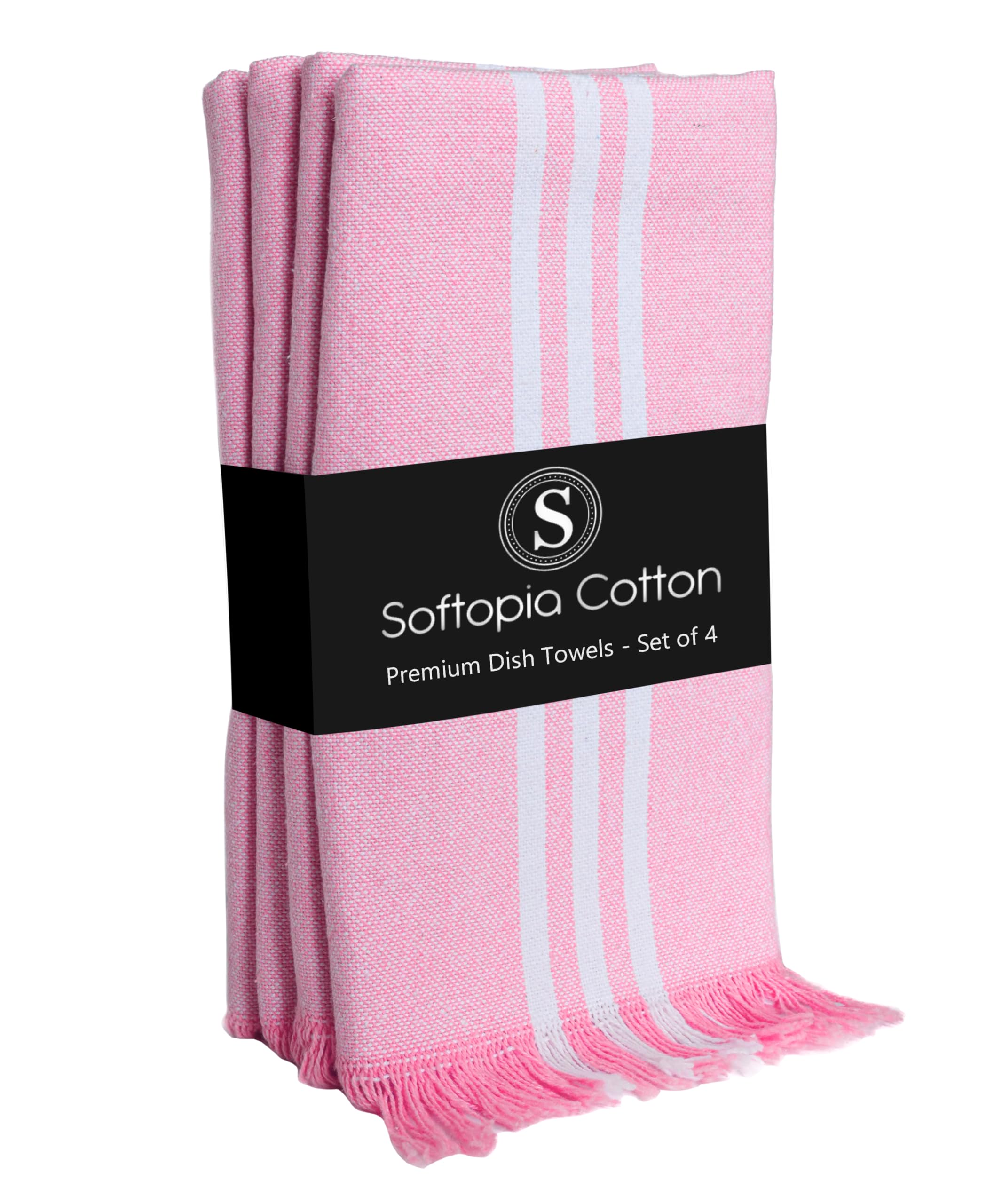 Prewashed Stripe Tea Towels 4 Pack, 16x26 Inches, Dish Cloths for Cooking and Cleaning, Quick Dry Kitchen Rags, Reusable Hand Towels for Drying Dishes and Surfaces - Rose Pink