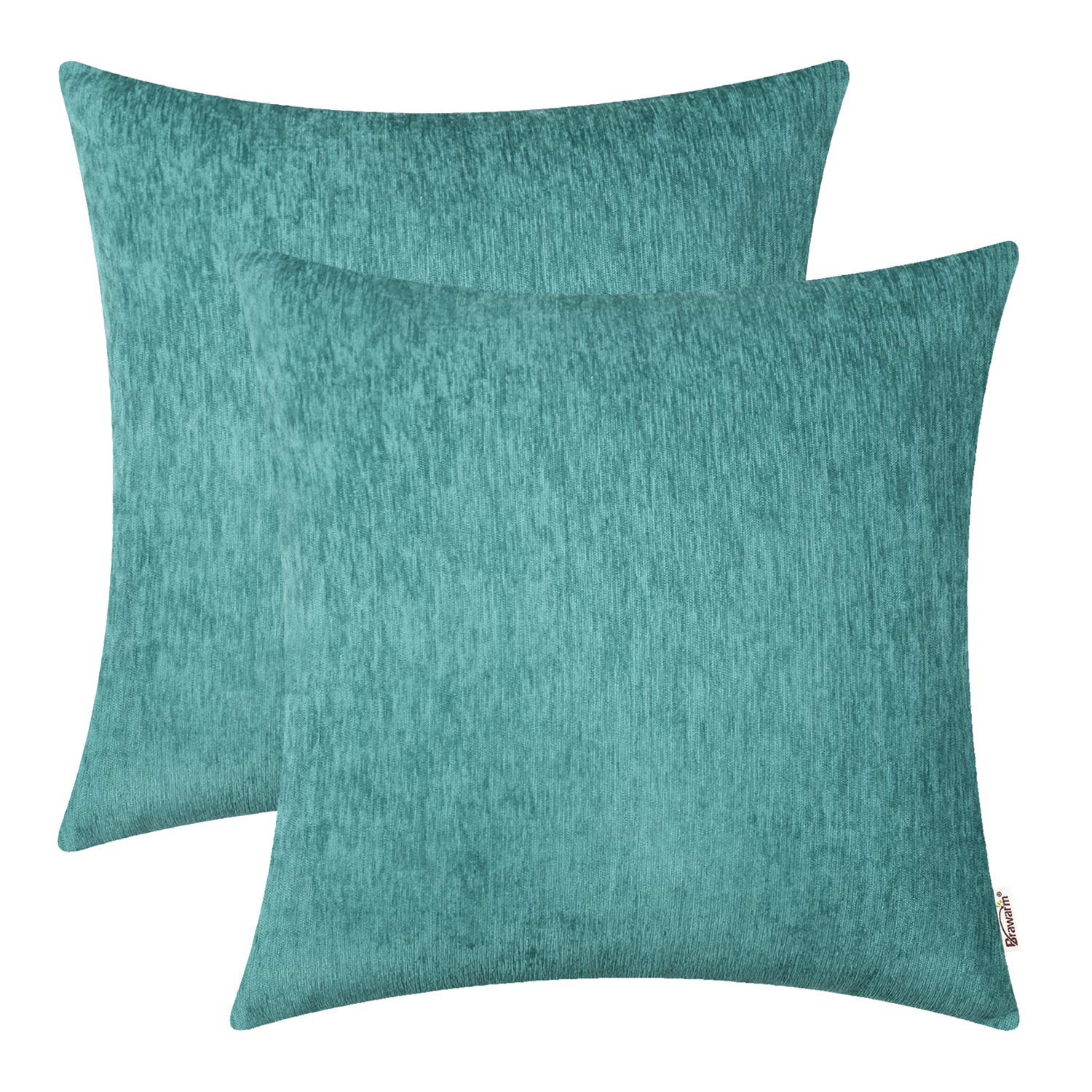 BRAWARM Pack of 2 Comfy Throw Pillow Covers Cases for Couch Sofa Home Decoration Solid Dyed Striped Soft Chenille 24 X 24 Inches - 2 Pcs Green BWA001J24-Double