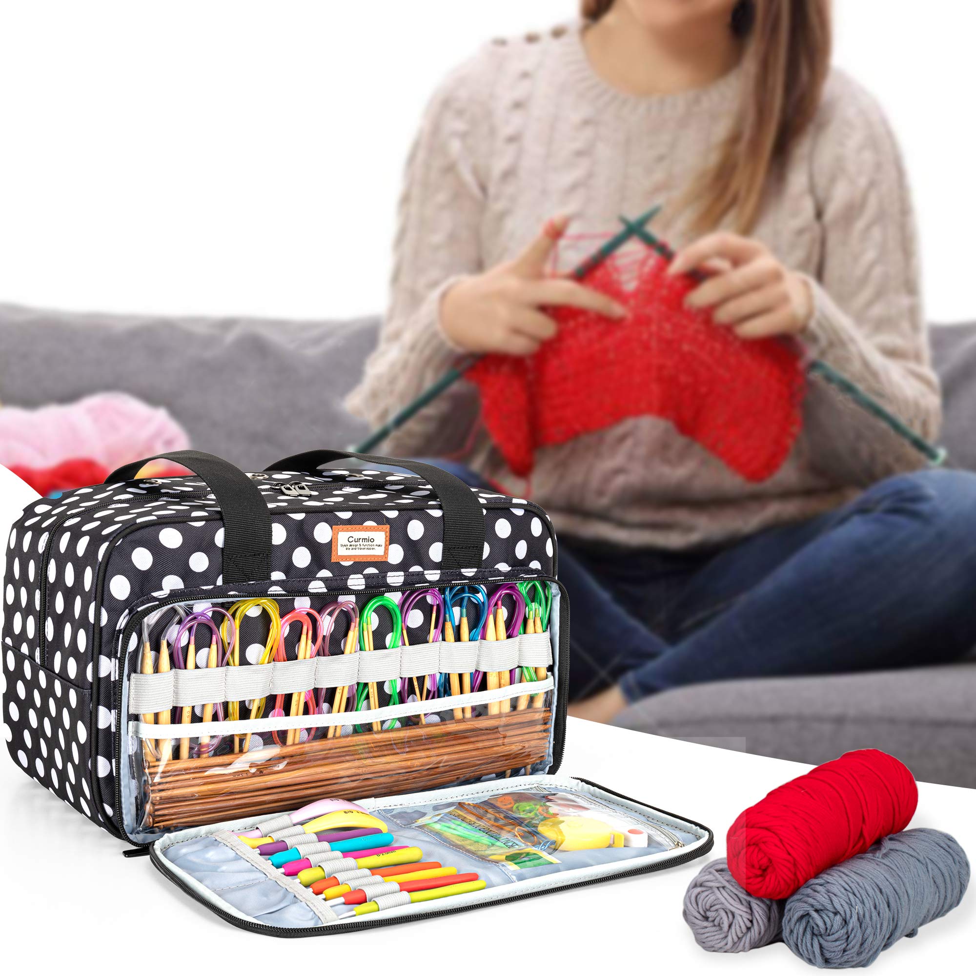 CURMIO Sac de rangement de fil, sac fourre-tout à tricoter pour crochets, projet de tricot et accessoires, idéal pour les débutants au crochet et les amateurs de tricot, sac seulement, Pois