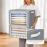 Yecaye 4 Pack Clothes Storage Bins with Metal Frame, 40L Foldable Storage Bin for Clothes, Stackable Metal Frame Storage Box with Lid, Linen Fabric Box Organizer with Clear Window & PU Handles,Grey