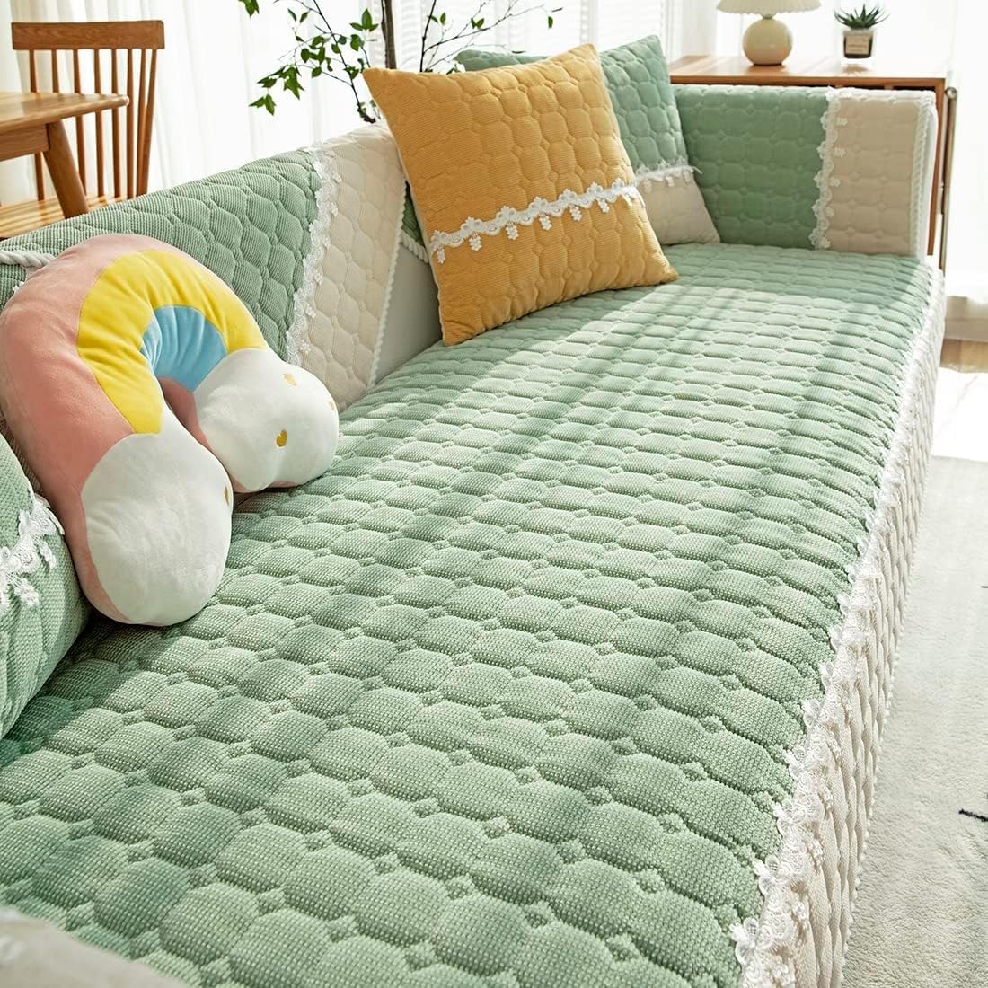 Housse de canapé soie glacée vert pour protection meuble salon en L