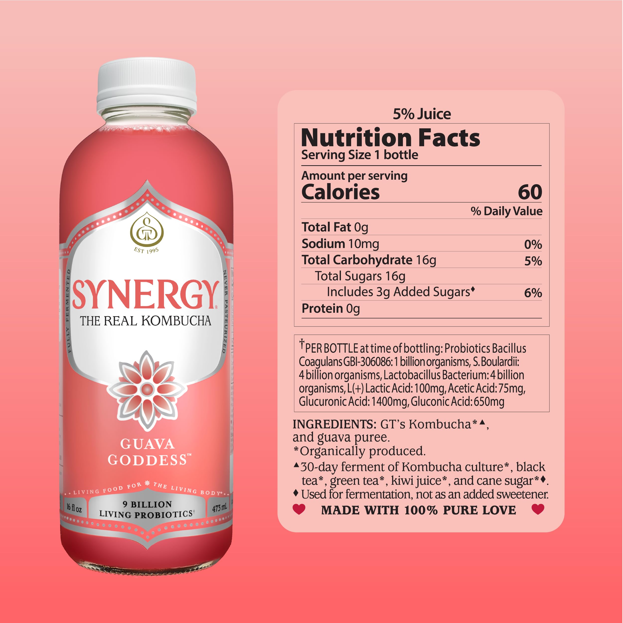 SYNERGY The Real Kombucha - Guava Goddess - 16 fl oz Bottle - Raw Probiotic Drink for Gut Health and Immune Support