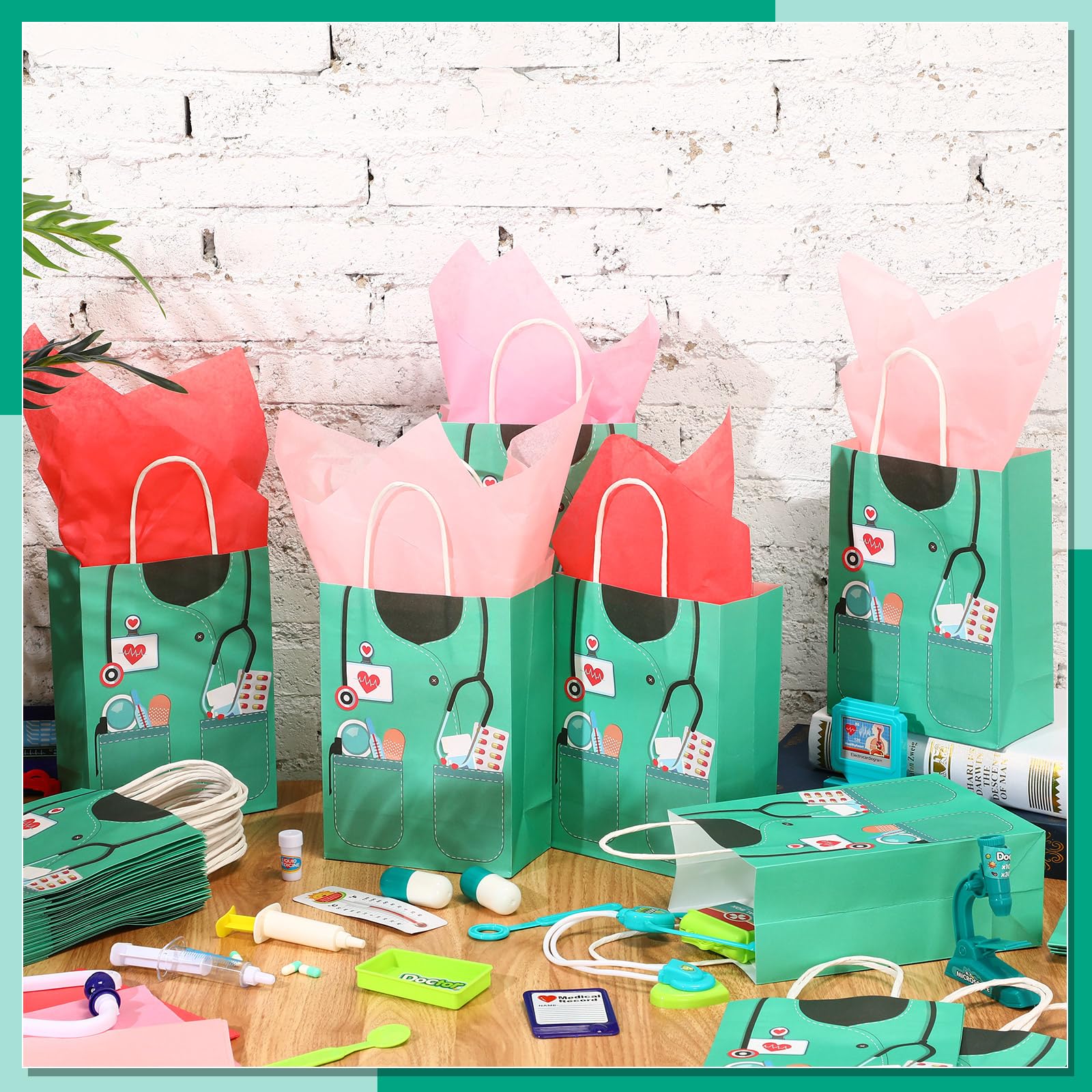 Nezyo 30 Pcs Nurse Gift Bags with 30 Wrapping Tissue Papers Nurses Appreciation Week Gifts Bags Stylish Nurse Appreciation Gifts for Thank Party Memorable Nursing Assistant Graduates Medical (Green)