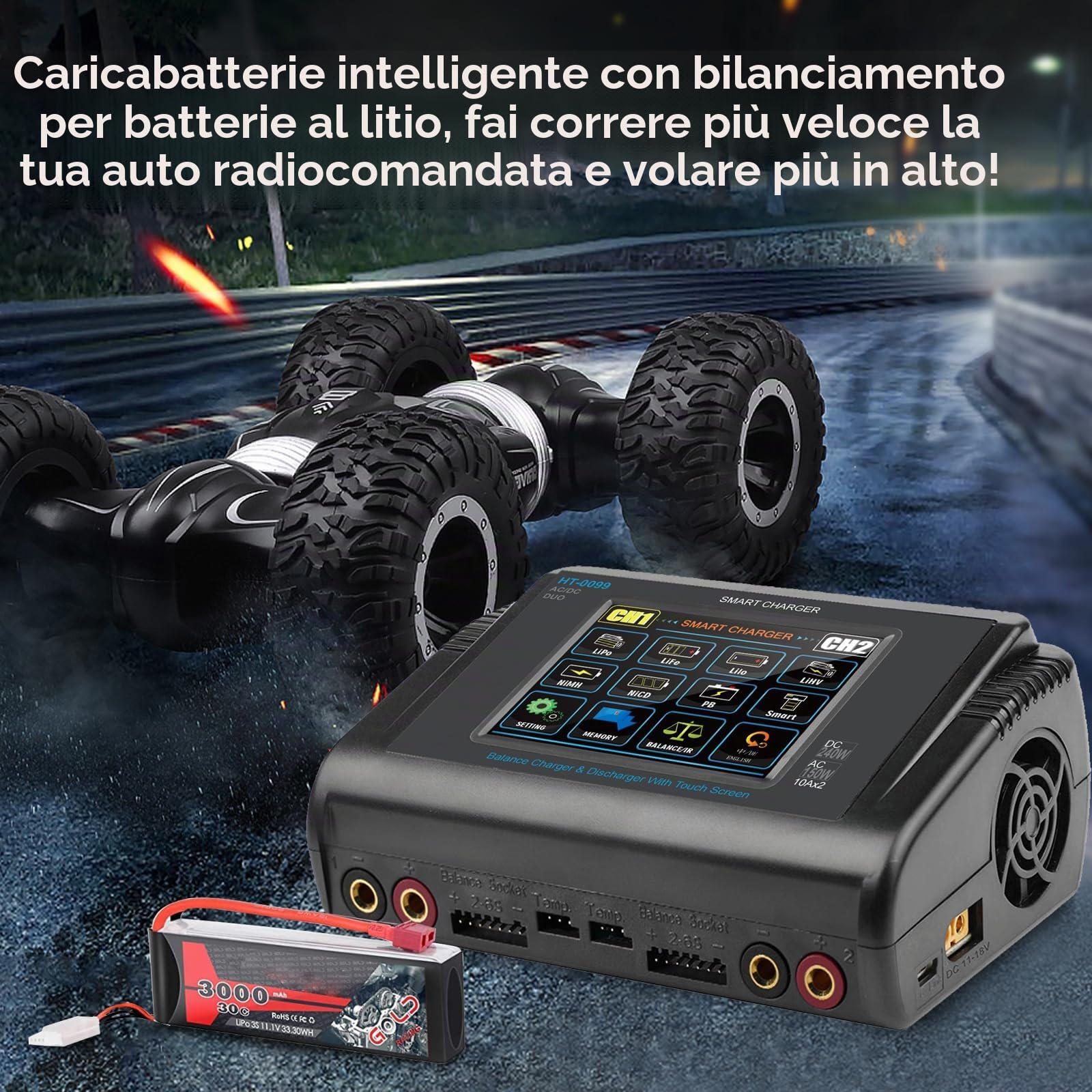 Haisito Caricabatterie LiPo, Caricabatterie Dual Balance con Touchscreen Scaricatore AC 150W DC 240W 10A per Batterie Smart agli Ioni di Litio NiCd NiMH LiHV PB
