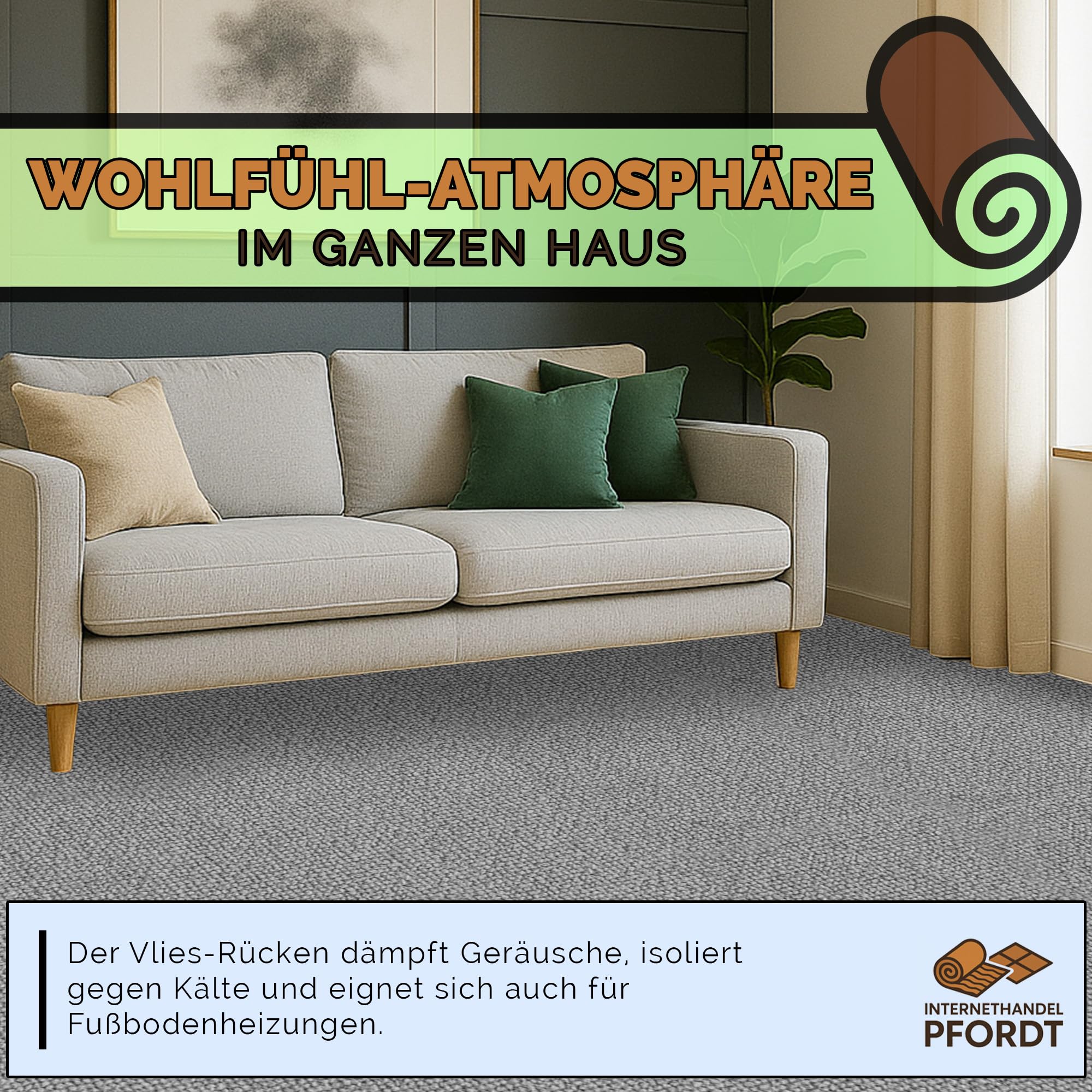 Teppichboden Feinschlinge Grau, 550x200 cm, Teppich Meterware für Wohnzimmer und Schlafzimmer, Fußbodenheizung geeignet