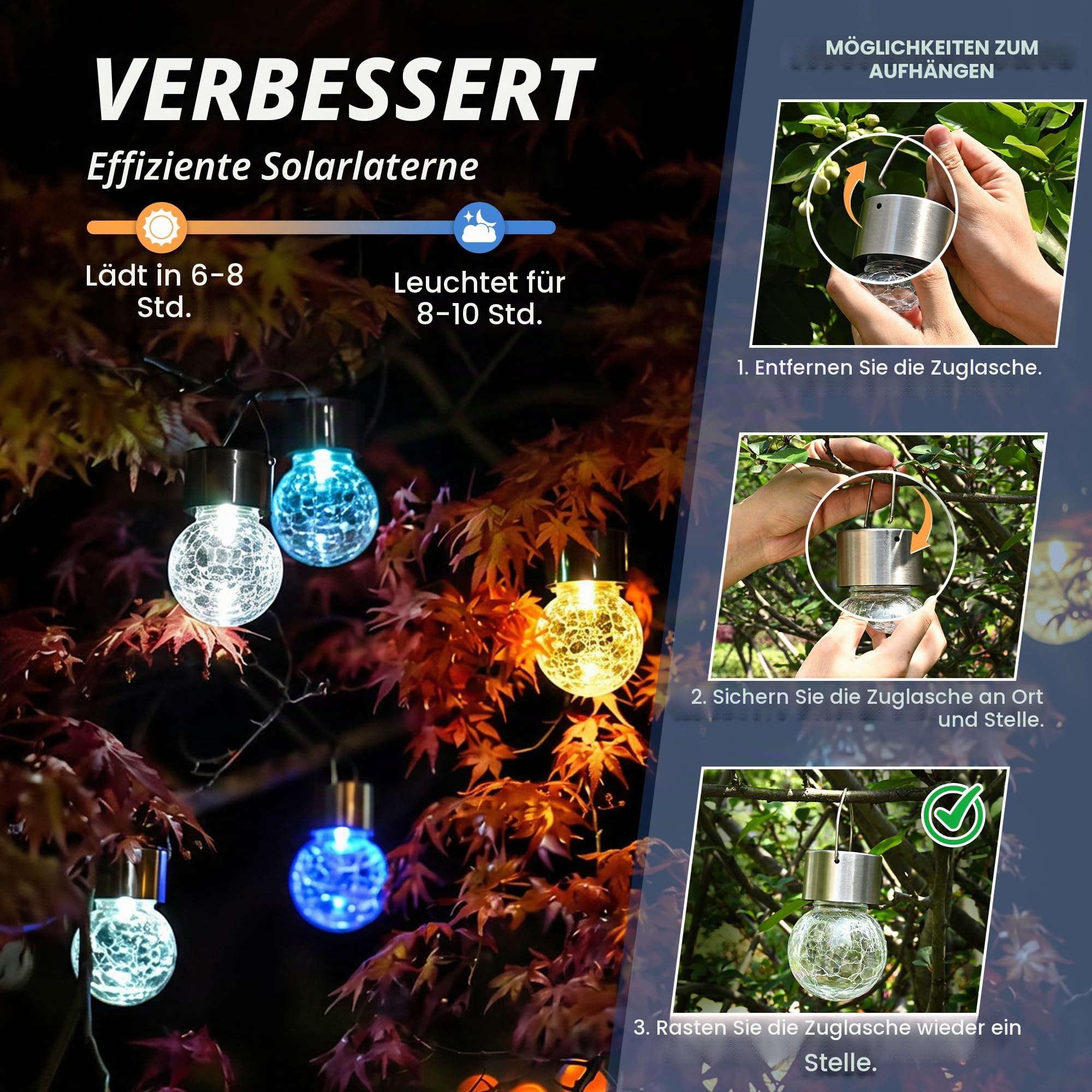 GIGALUMI Solar-Hängeleuchten für außen, 8 Stück Solar-Außenleuchten, rissiges Glas, Wasserdicht Solarleuchten für außen, Garten, Weihnachtsdeko, Hof, Zaun, Baum (warmweiß)