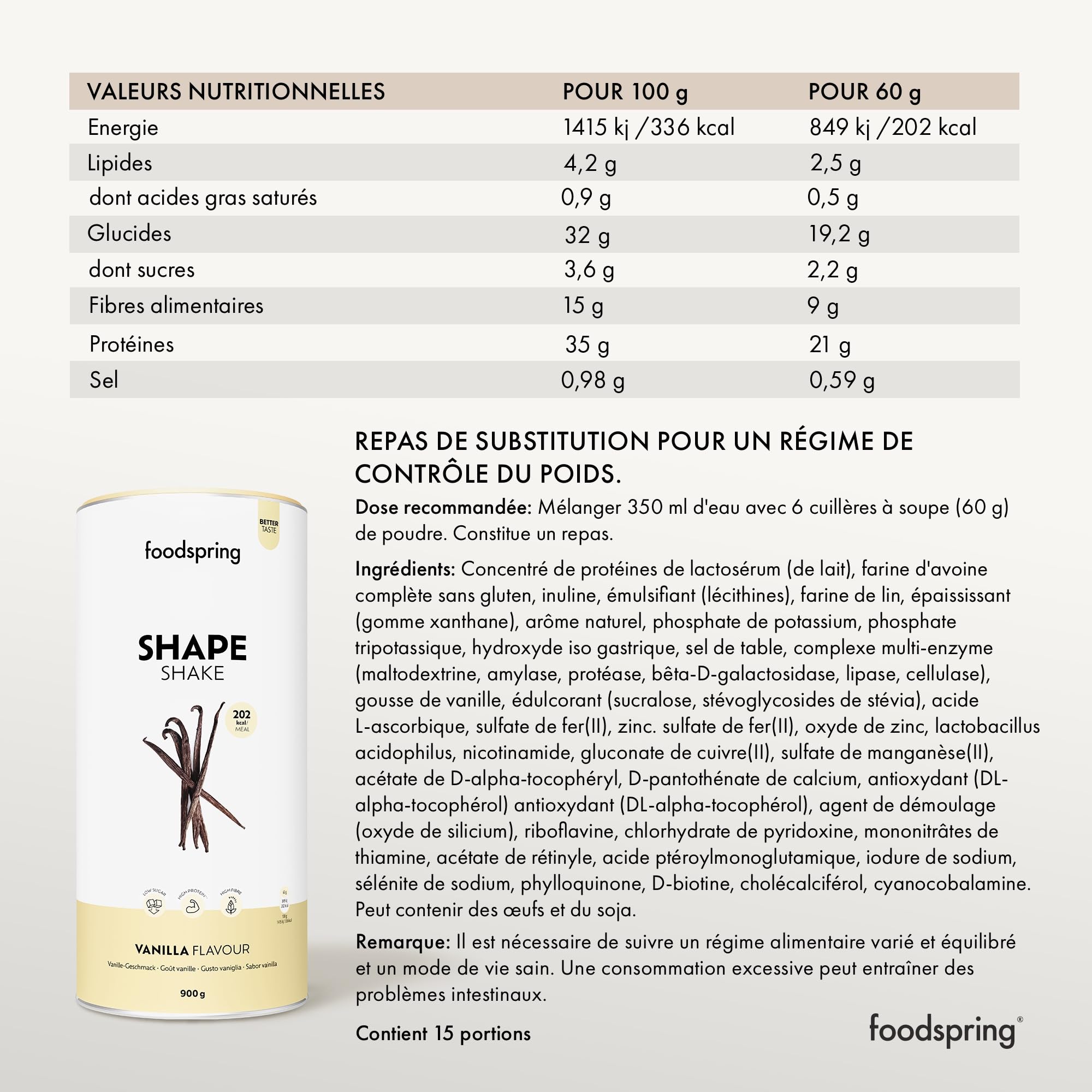 foodspring Shape Shake Vanille - Substitut de repas complet pour le contrôle du poids avec des protéines de qualité supérieure, 202 kcal par portion, sans gluten - nouvelle recette (900g)