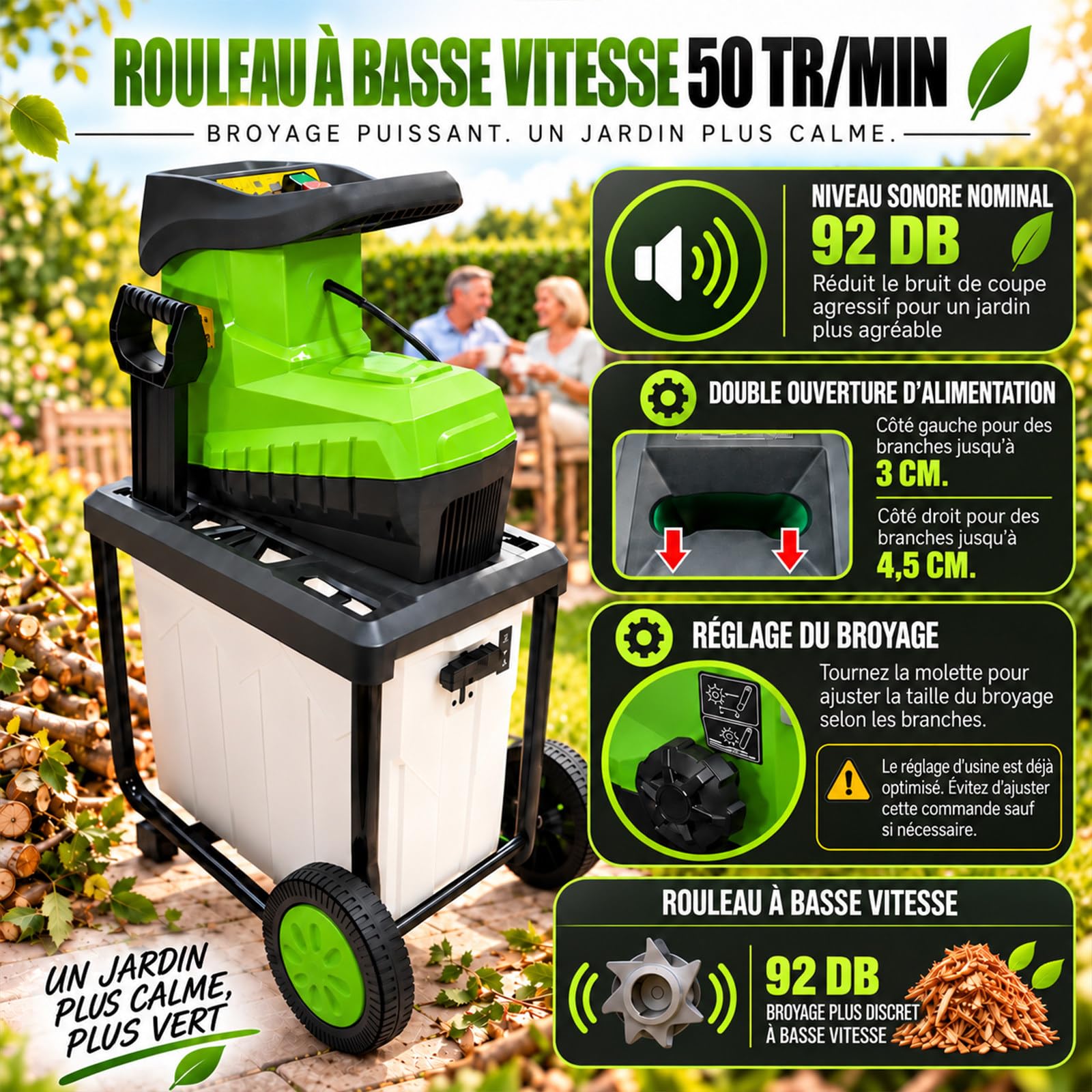 Broyeur À Rouleau 2800W pour Branches Jusqu’À 45mm