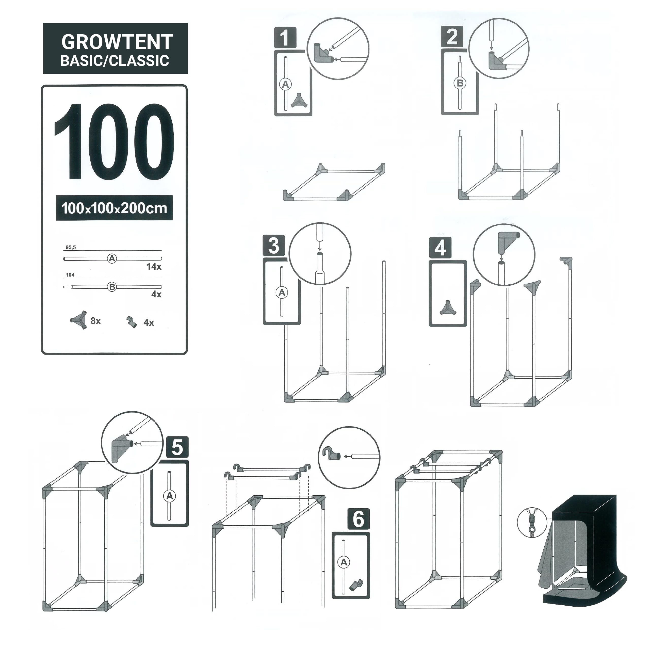 Armario de Cultivo Interior - Paredes Reflectantes 99% Mylar - Invernadero para Plantas - Impermeable y Desmontable - Tejido Nylon Resistente (Negro, 100 cm X 100 cm X 200 cm)