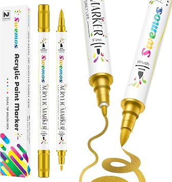Swemos 2 Gold Paint Marker Dual Tip Acrylic Paint Markers Acrylic Pens