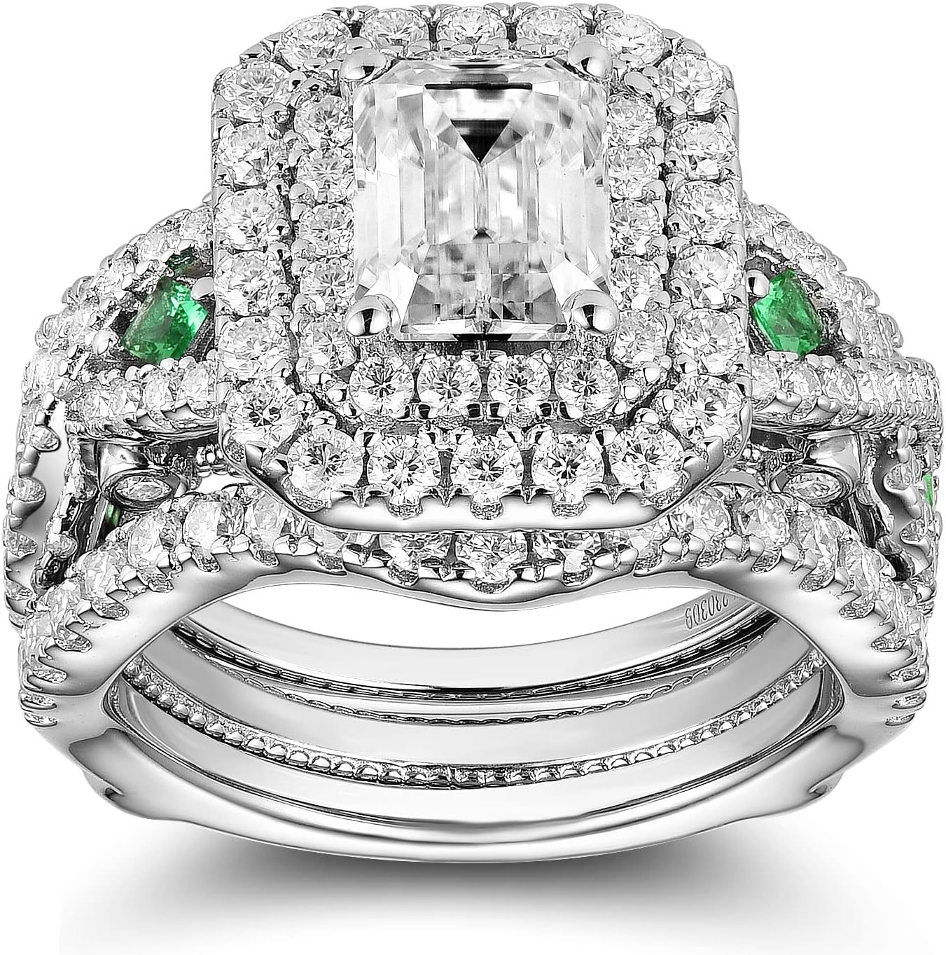 DovEggs Moissanite Enhancer Wedding Ring Set Emerald Cut Moissanite Engagement Ring Zambia Emerald 4.3ct 6x8mm FGH Color Antqiue Double Halo Sterling Silver with 18K White Gold Plated(8)