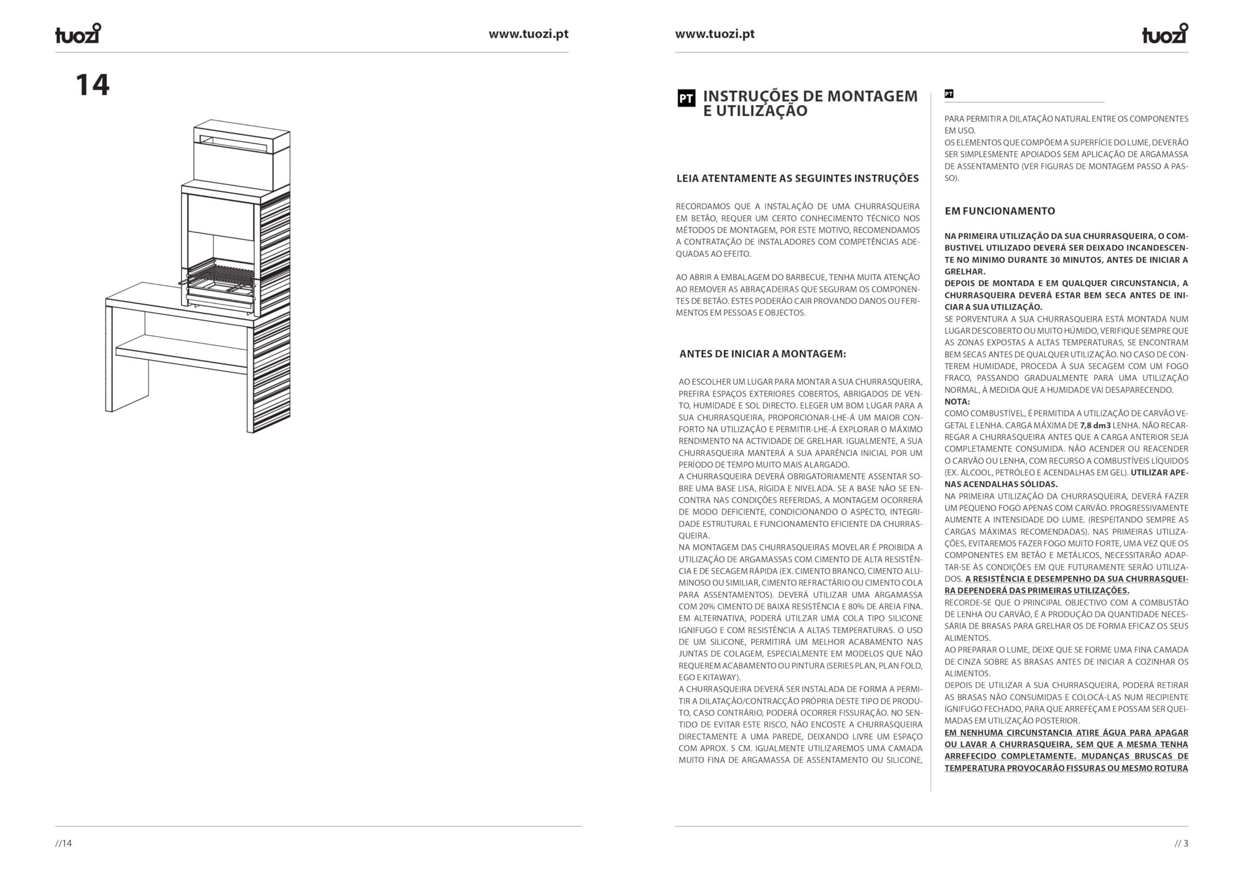 TUOZI - Barbacoa de Obra para Leña y Carbón Modelo PLAN 2 (Gris/Blanco - 110 x 47 x 192 cm) REF: 8036 - Uso en Exteriores