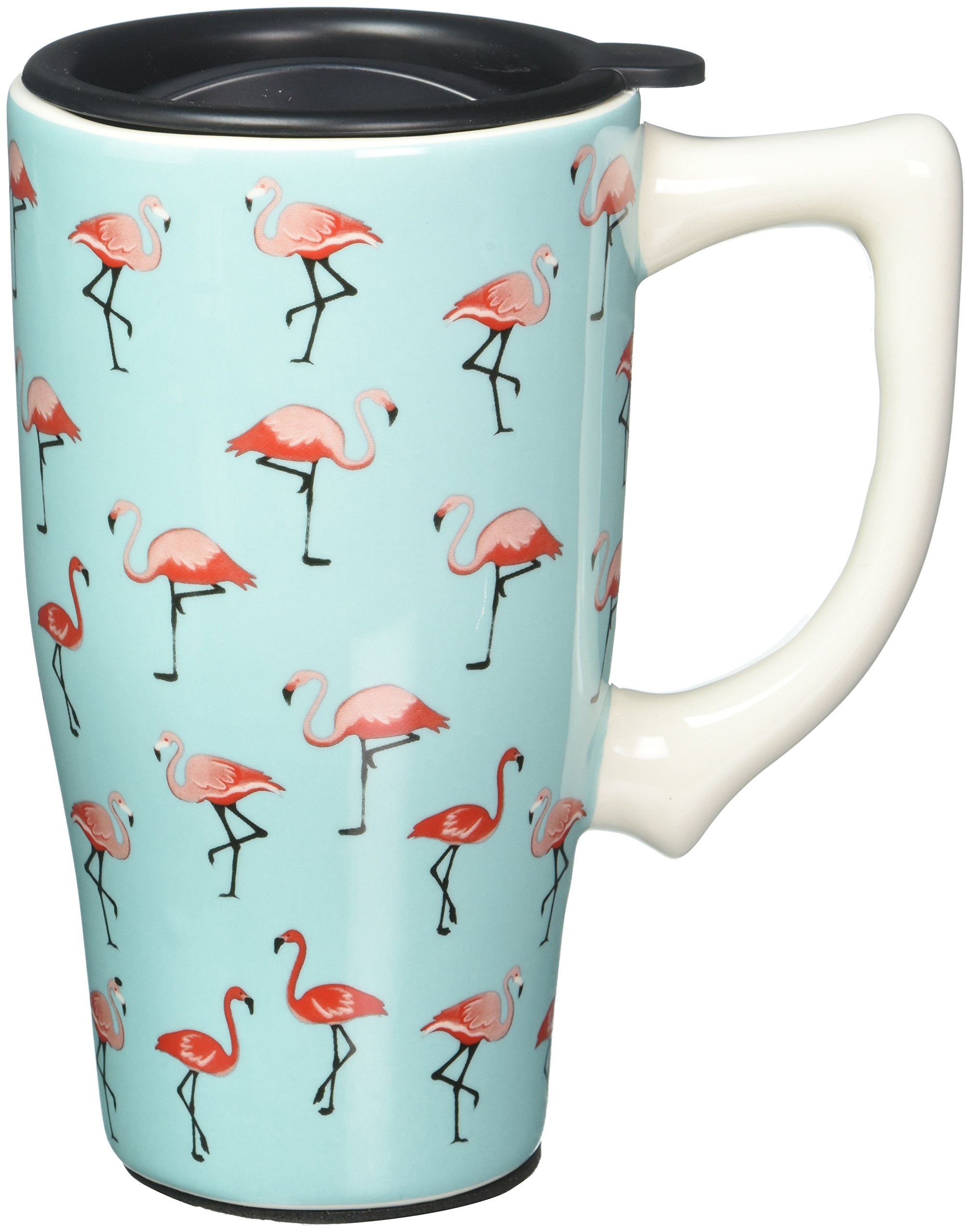 Spoontiques 12805 Flamingos Ceramic Travel Mug, Blue/Pink/Black/White