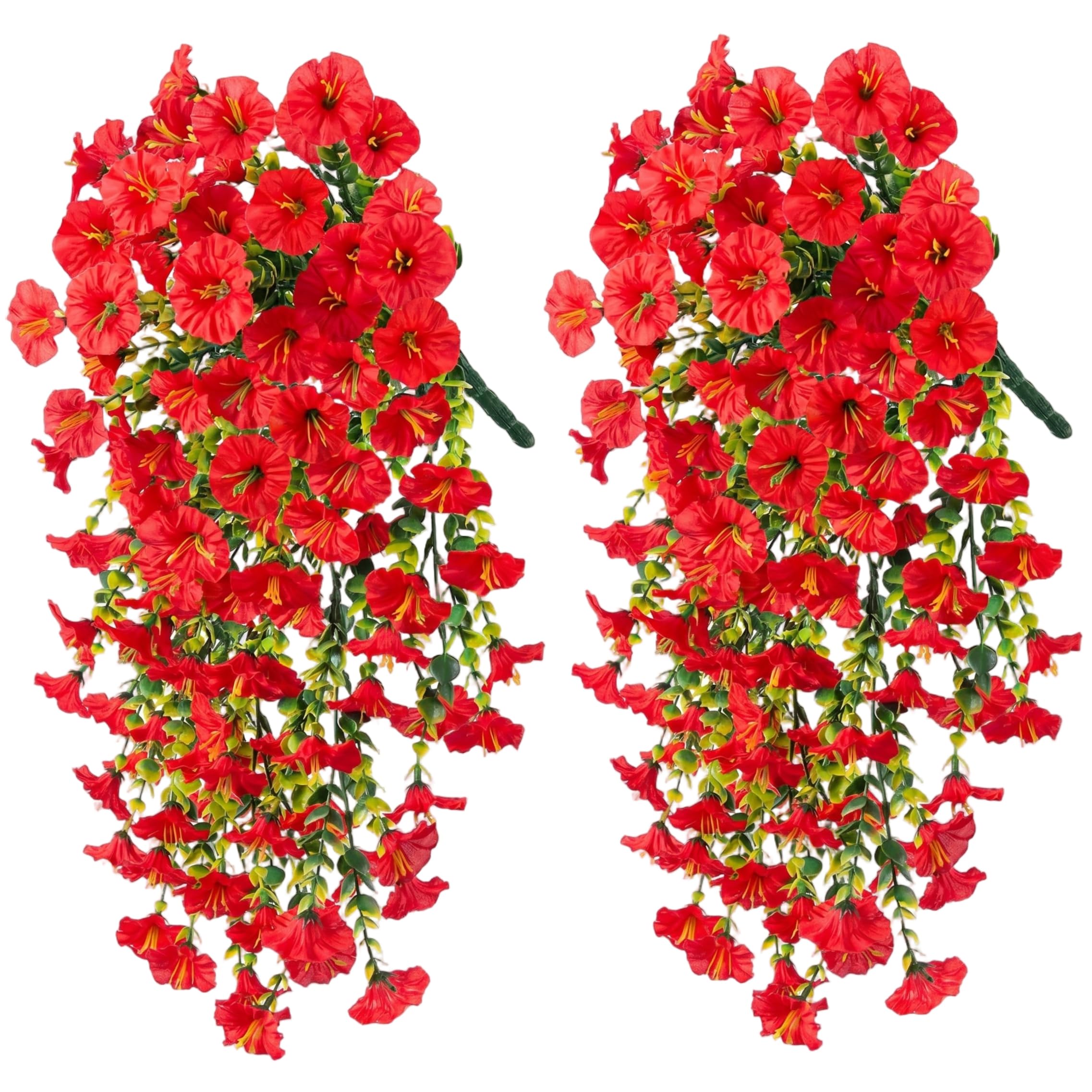 Uanqfegy Artificial Petunias, 2 Pack Realistic Hanging Flowers, UV Resistant Faux Petunias with Eucalyptus Leaves, Red